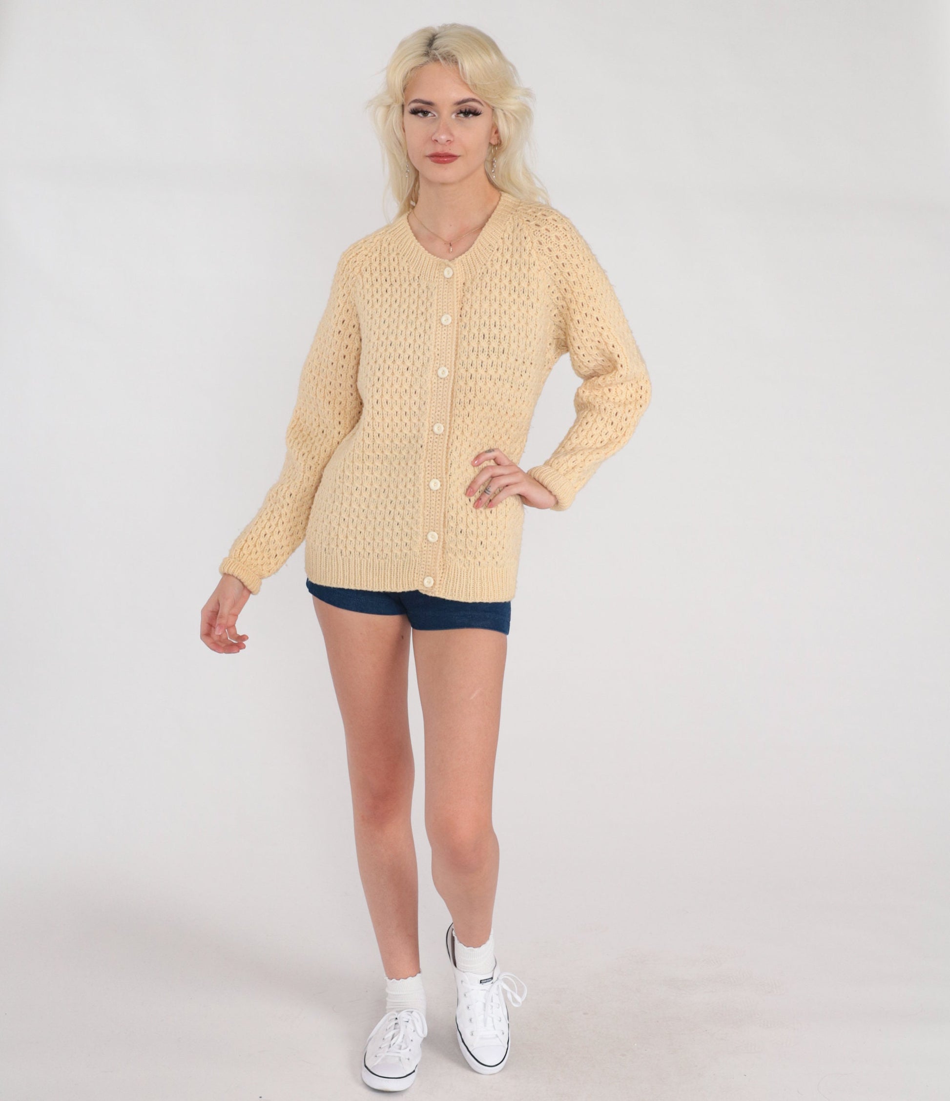 60s Cream Open Weave Cardigan Chunky Knit Button-Up Sweater Medium M