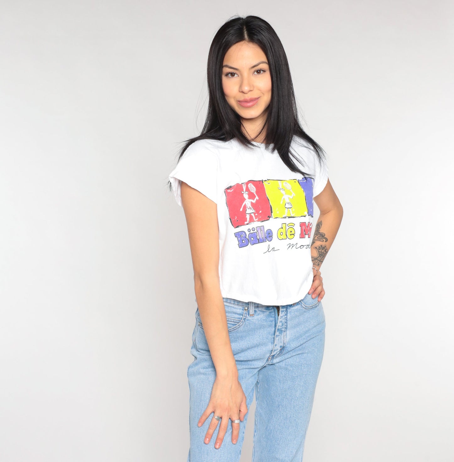 90s Balle de Match French Tennis Crop Top Cap Sleeve Graphic Tee Small