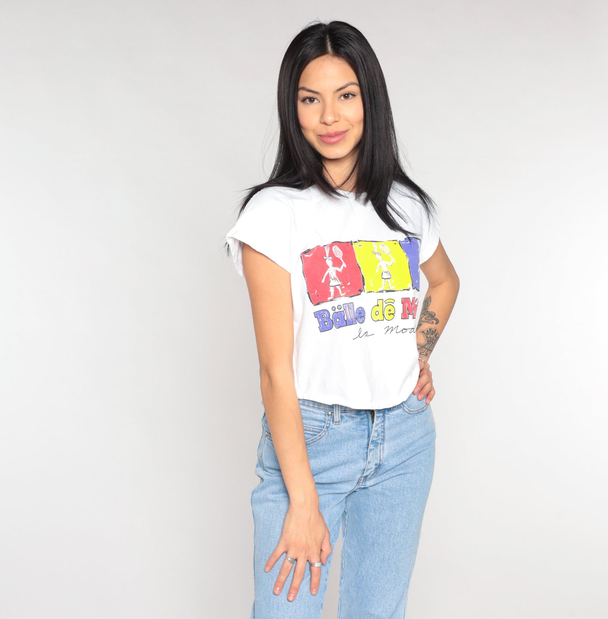 90s Balle de Match French Tennis Crop Top Cap Sleeve Graphic Tee Small