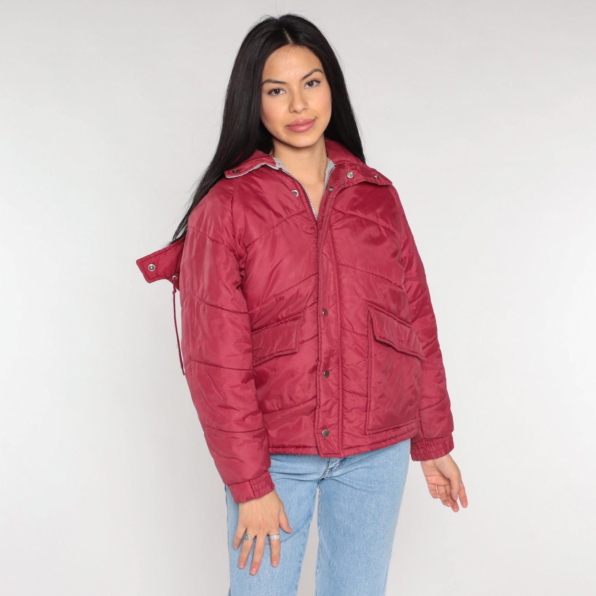 80s Red Puffer Ski Jacket Detachable Hood Nylon Puffy Coat Small