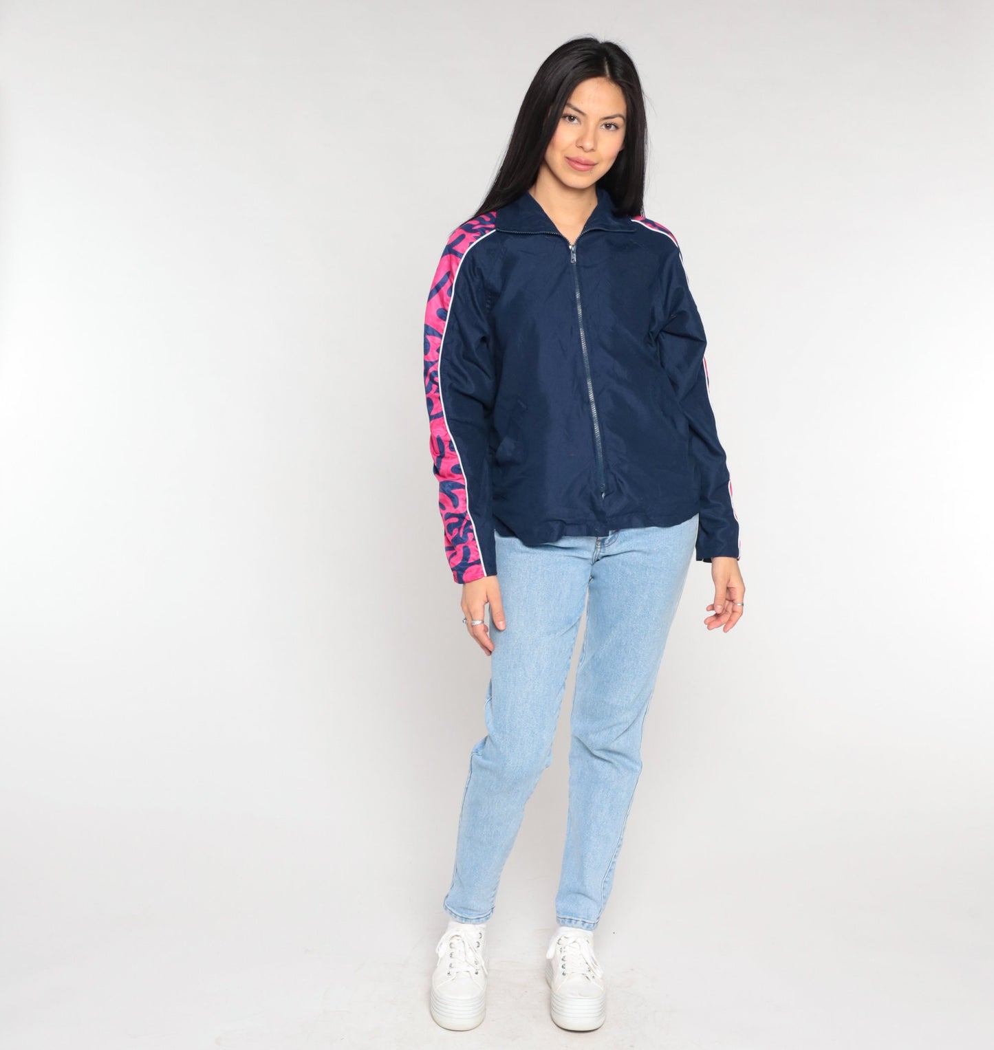 00s Navy Windbreaker Jacket Pink Abstract Print Zip-Up Extra Small