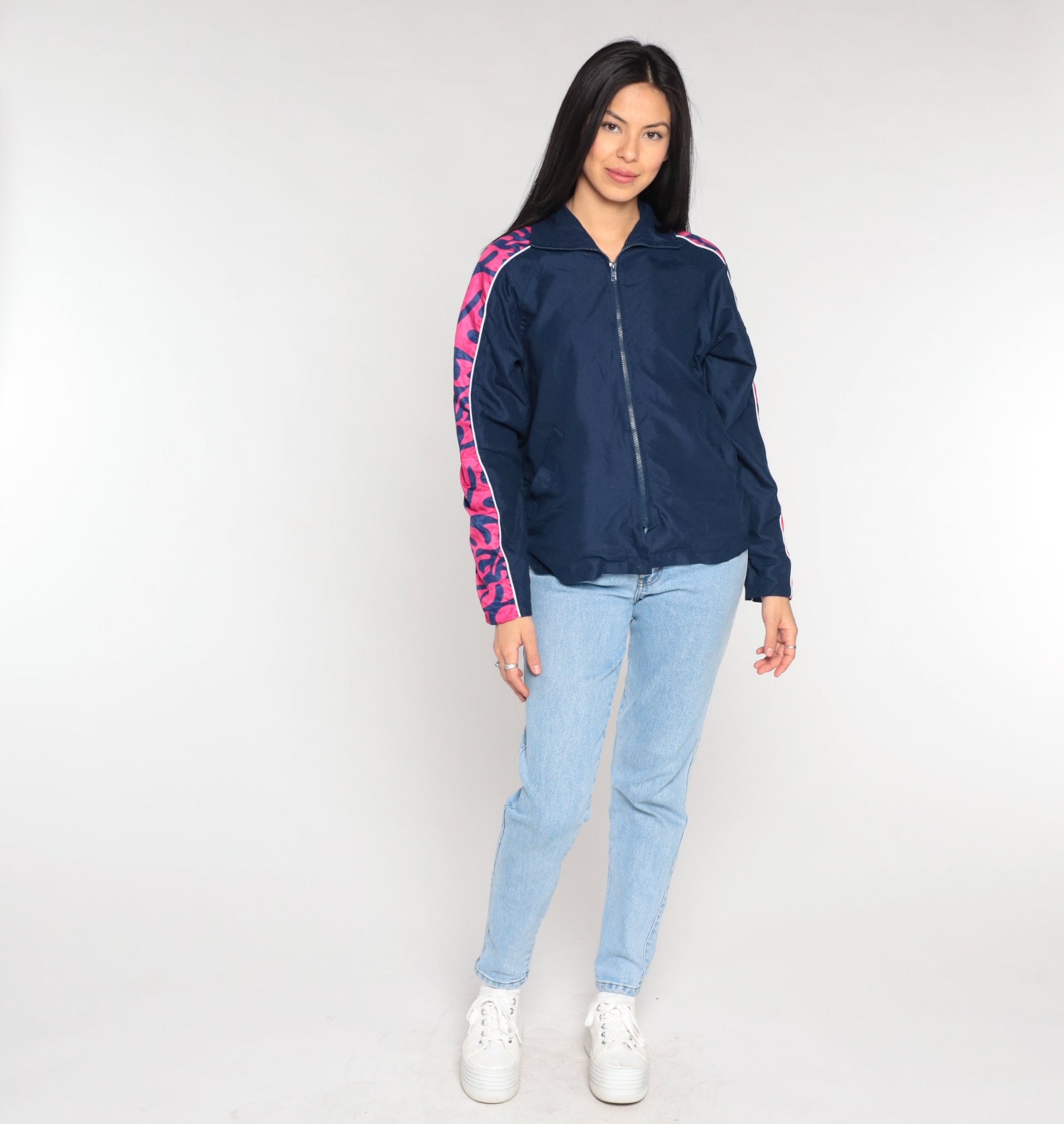 00s Navy Windbreaker Jacket Pink Abstract Print Zip-Up Extra Small