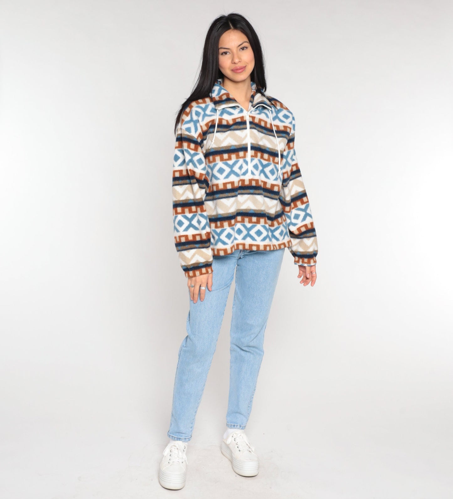 90s Striped Geometric Fleece Half Zip Pullover Blue White Orange Medium
