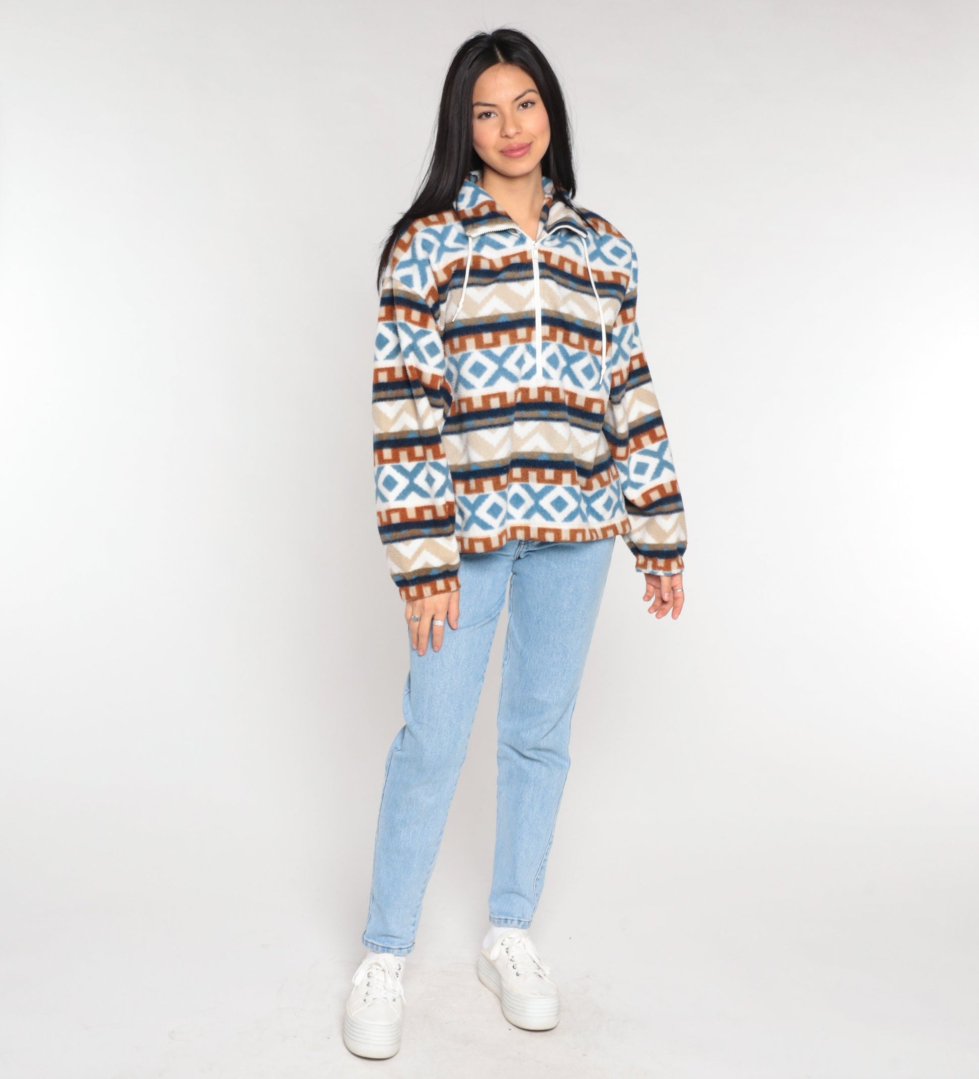 90s Striped Geometric Fleece Half Zip Pullover Blue White Orange Medium