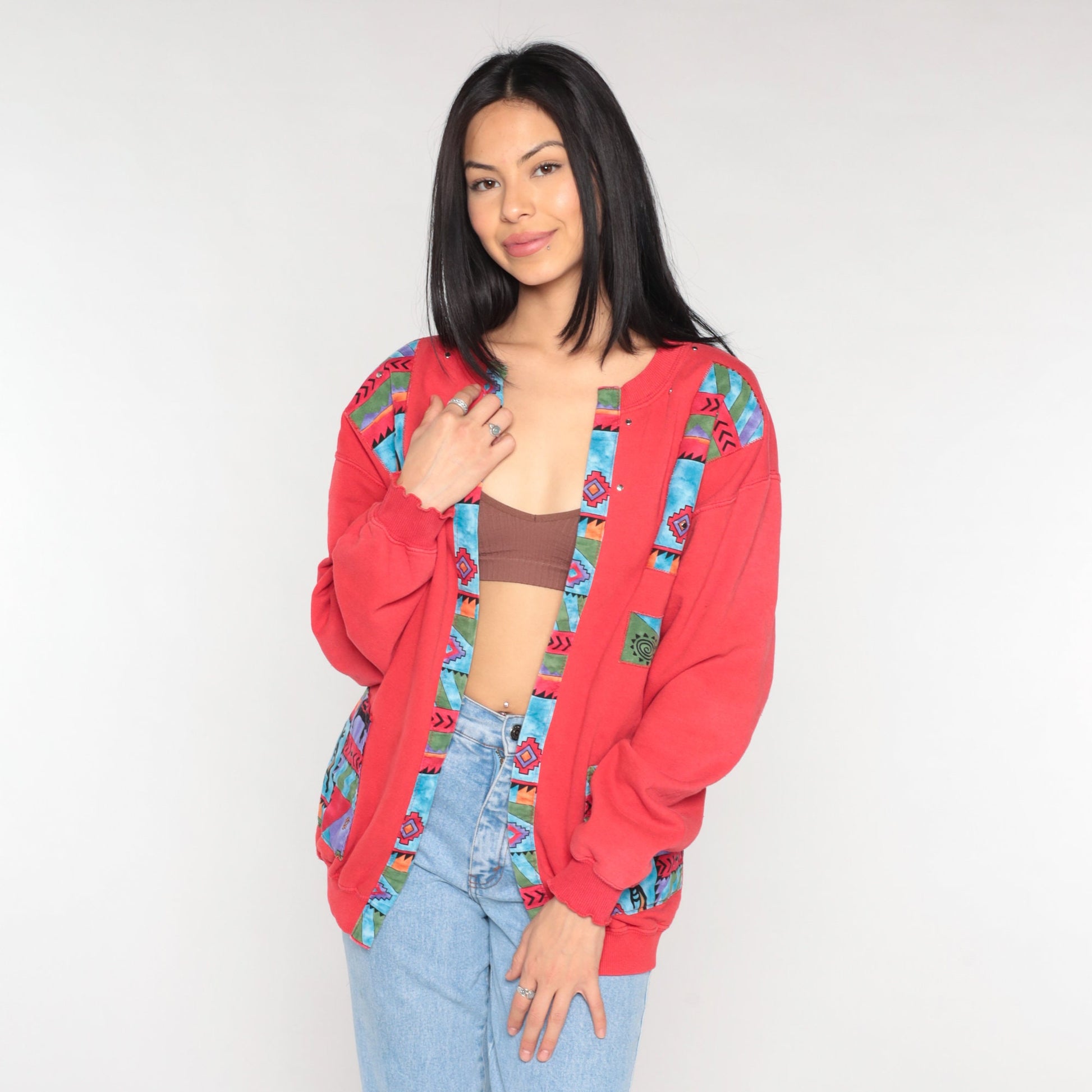 Y2K Southwestern Sweatshirt Cardigan Red Kokopelli Print Open Front Medium M