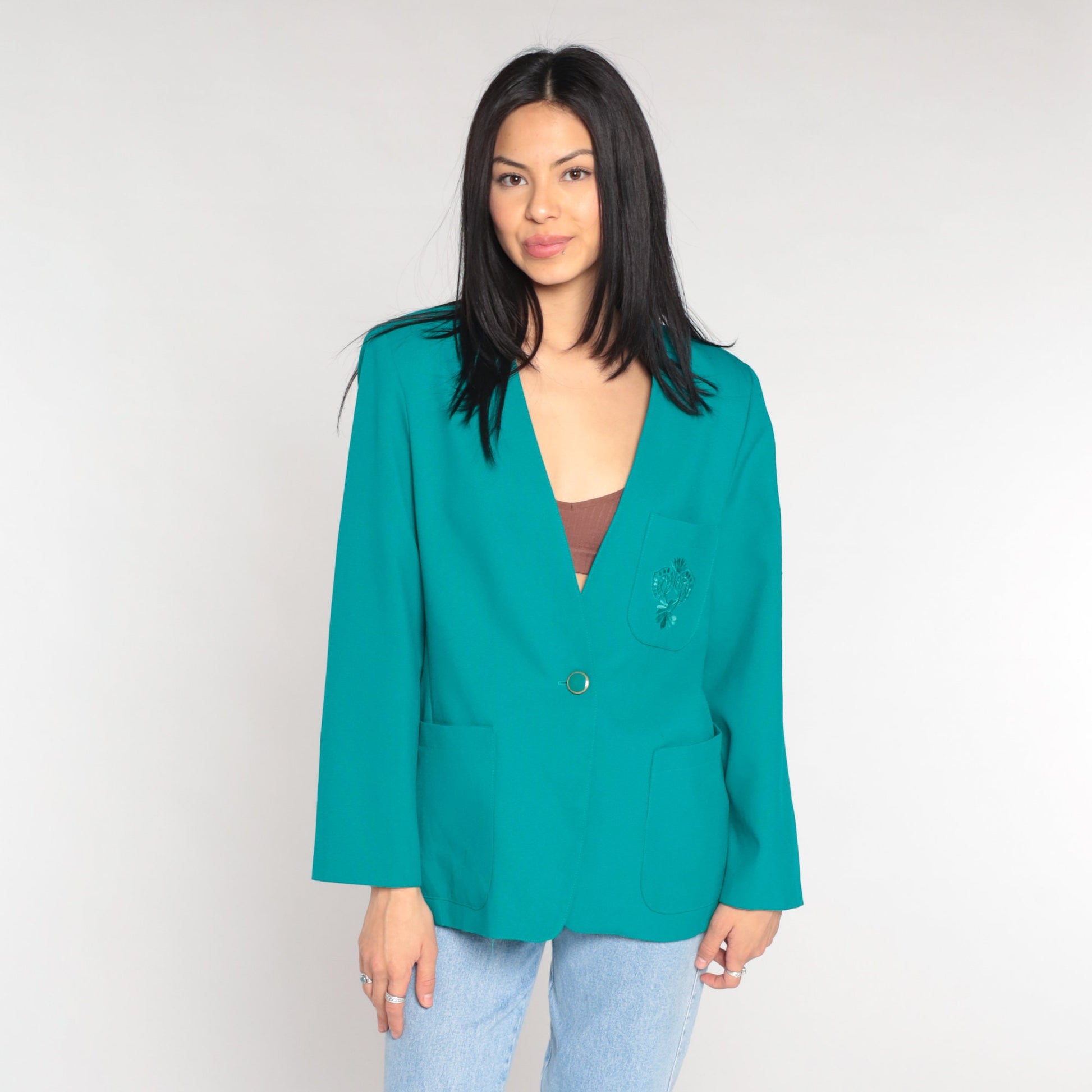 80s Teal Blazer Floral Embroidered Button-Up Jacket V-Neck Medium