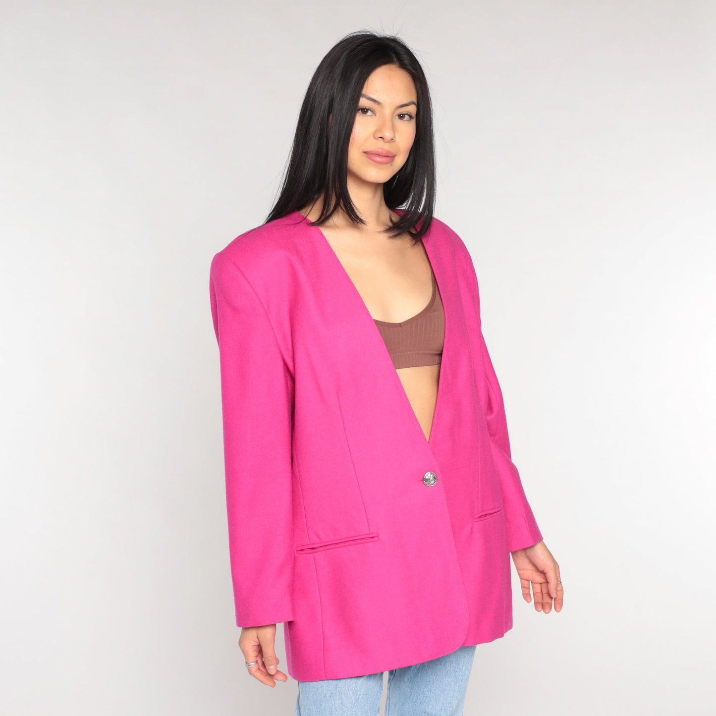 90s Georgio Sant Angelo Wool Blazer Fuchsia Pink Satin Lined Large L