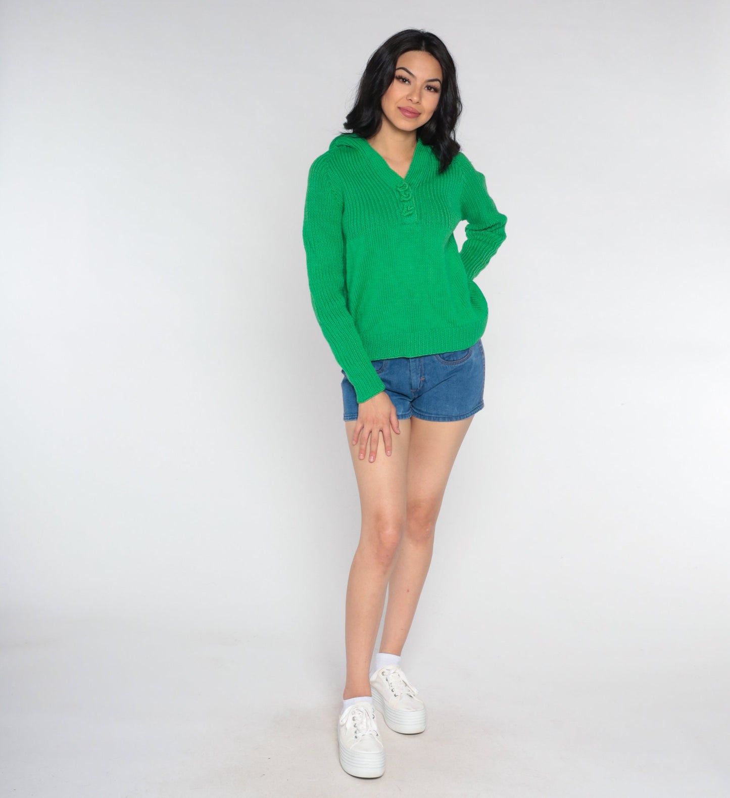 70s Green V-Neck Raglan Sweater Knit Jumper Appliqué Small Medium