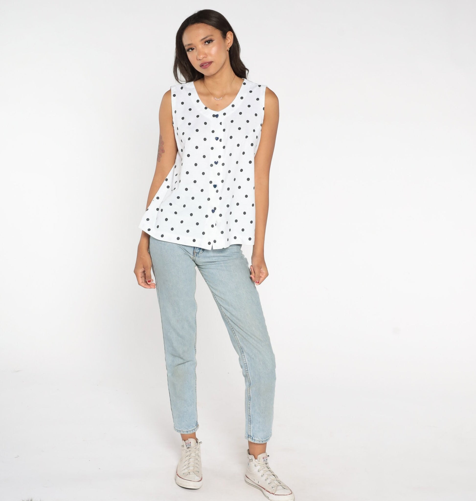 80s White Polka Dot Tank Top Heart Button Single Stitch Small