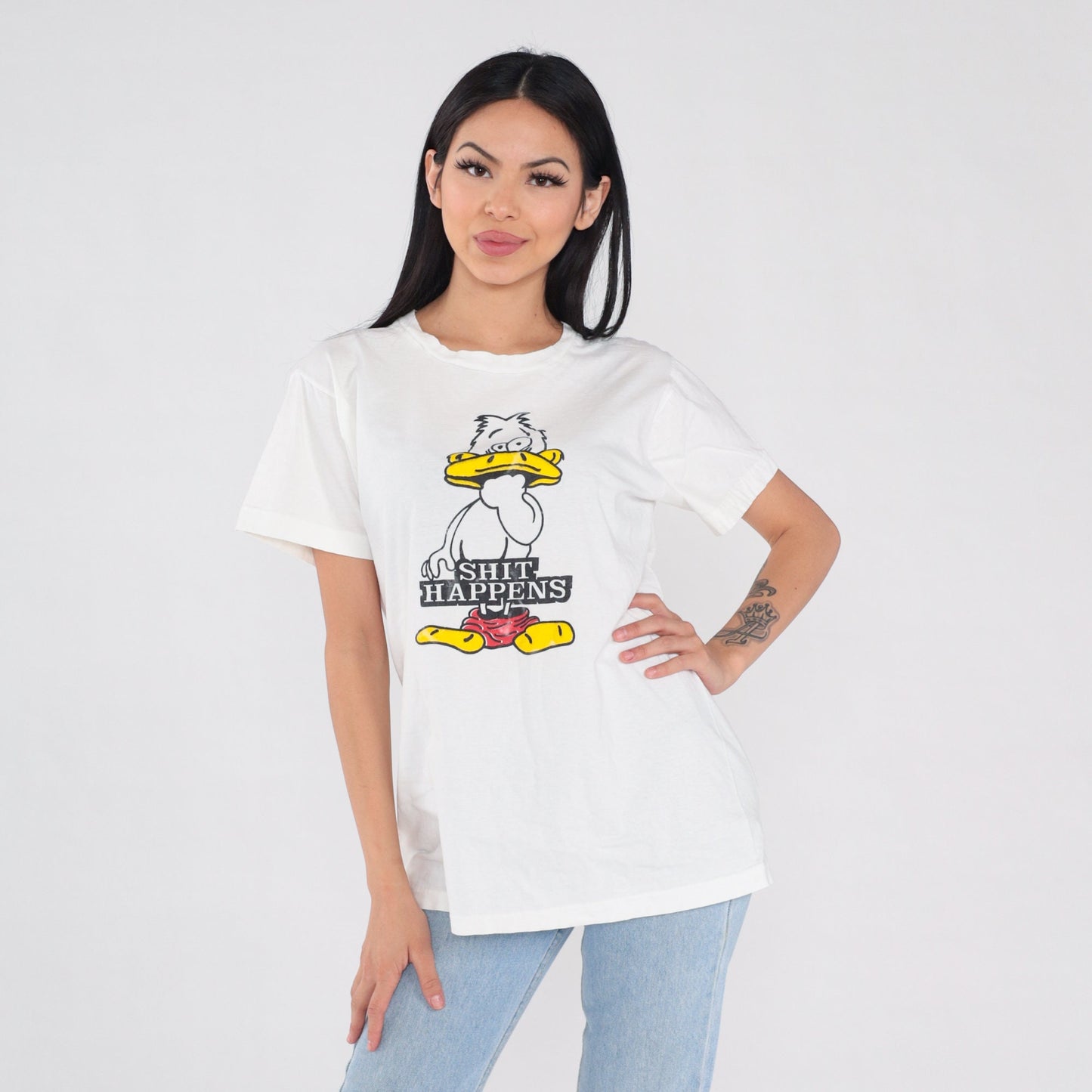 90s Shit Happens Duck Graphic T-Shirt White Single Stitch Medium M