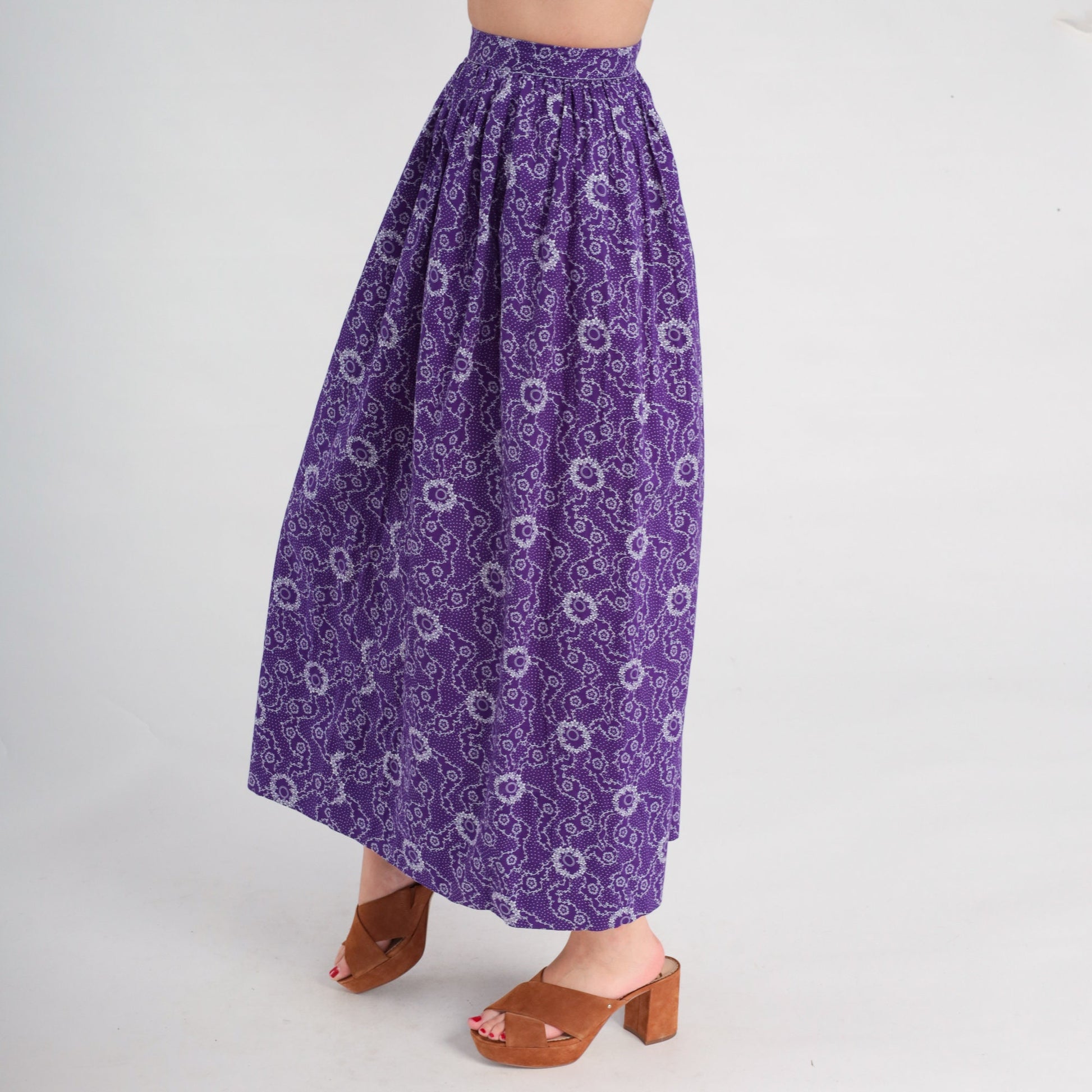 70s Floral Midi Skirt Purple High Waisted Flower Print Ankle Length XXS