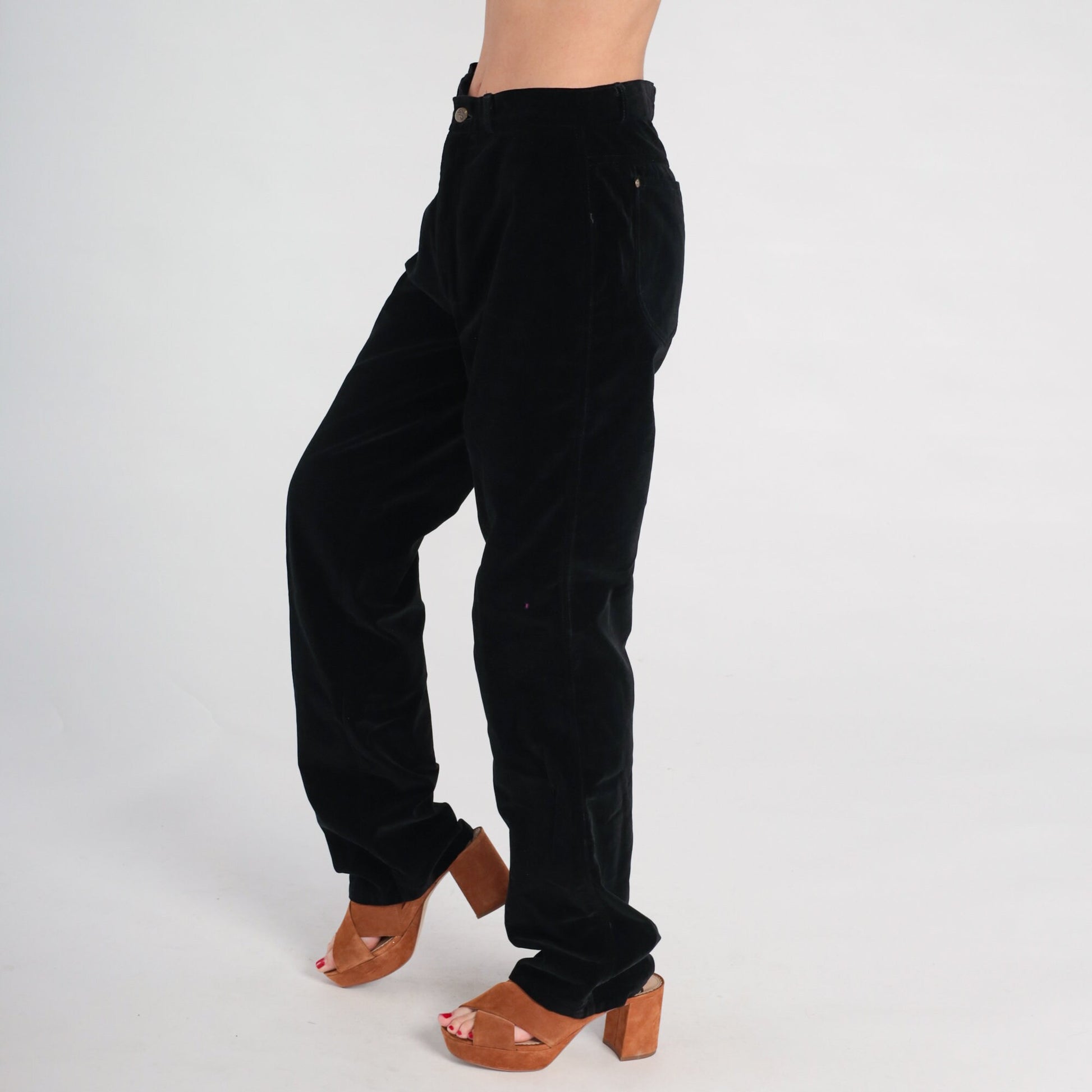90s G Pellini Black Velvet High-Waisted Straight-Leg Trousers Medium