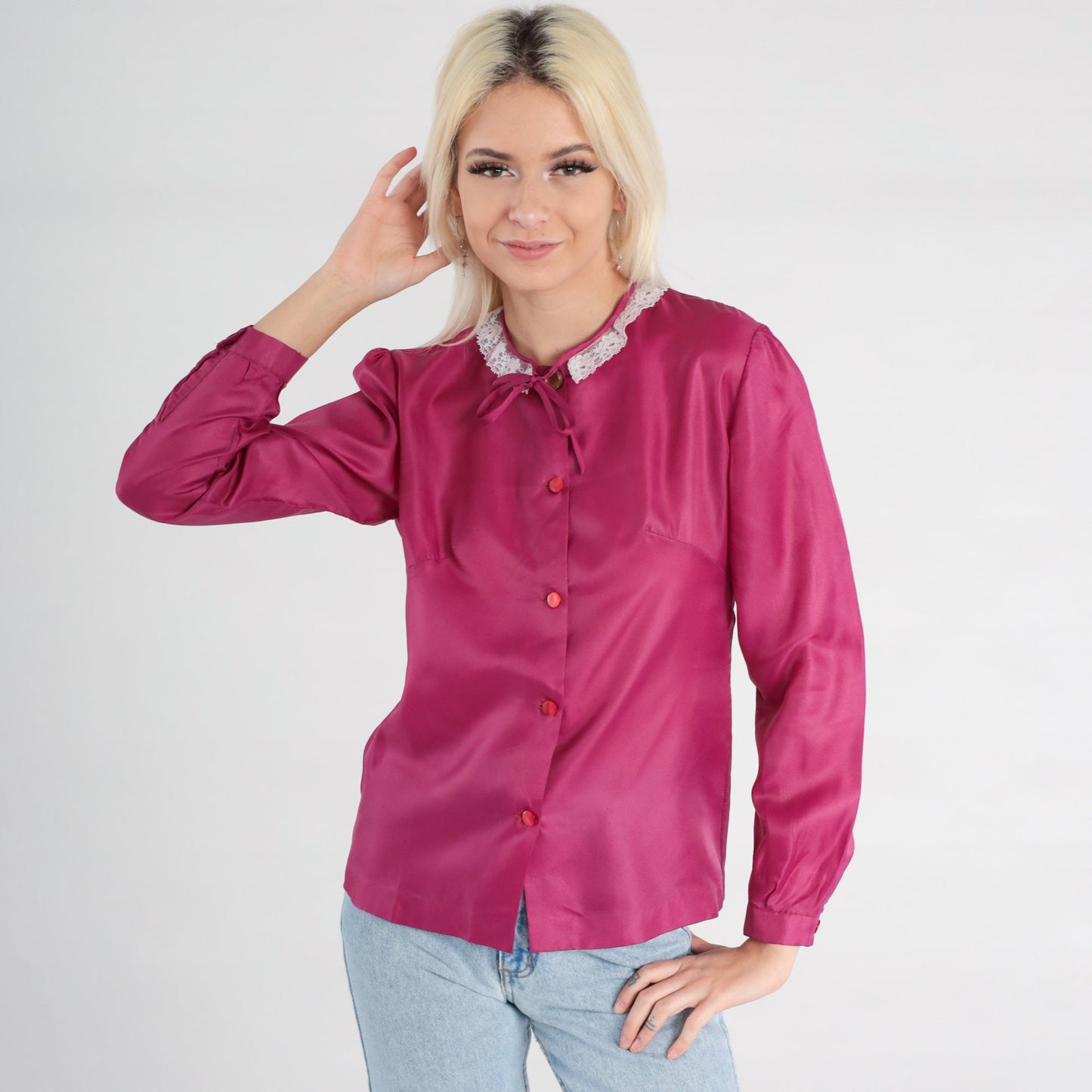 80s Raspberry Pink Puff Sleeve Button-Up Blouse Lace Collar Small
