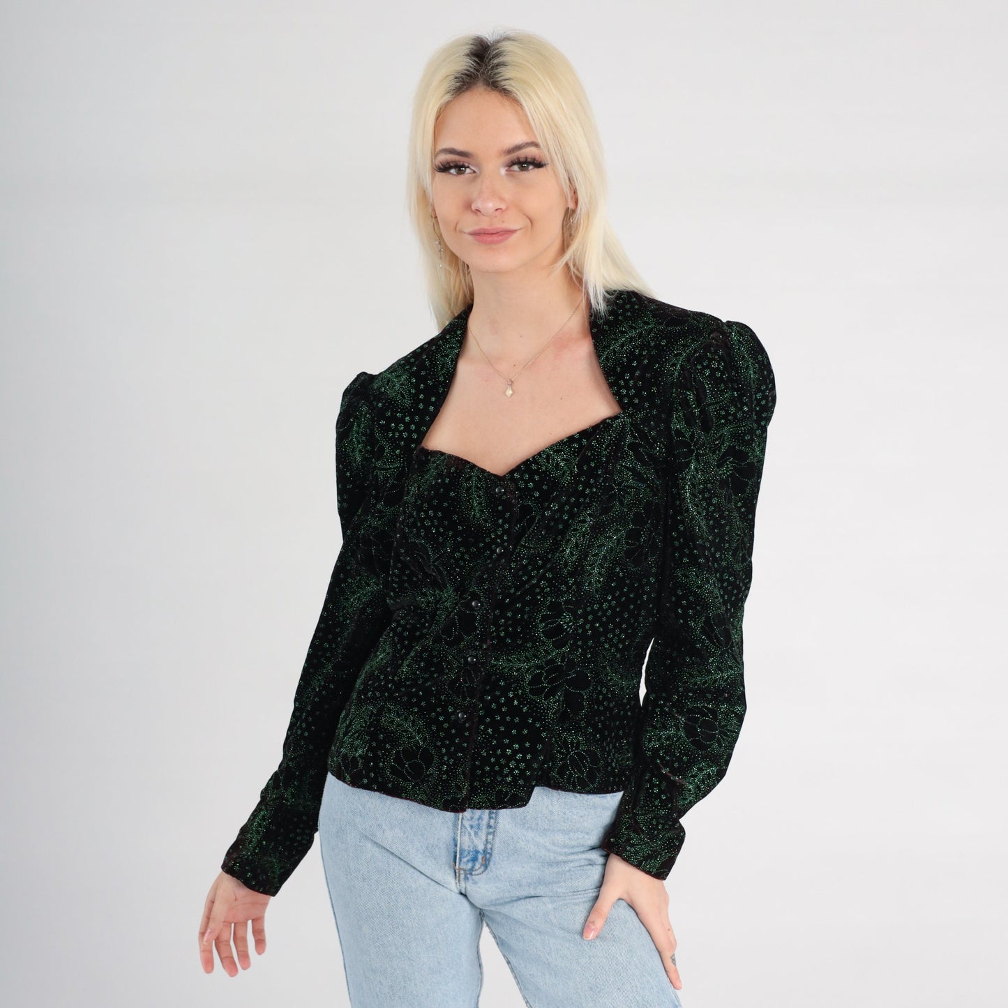 80s Gunne Sax Velvet Blouse Black Sparkly Green Floral Puff Sleeve Medium