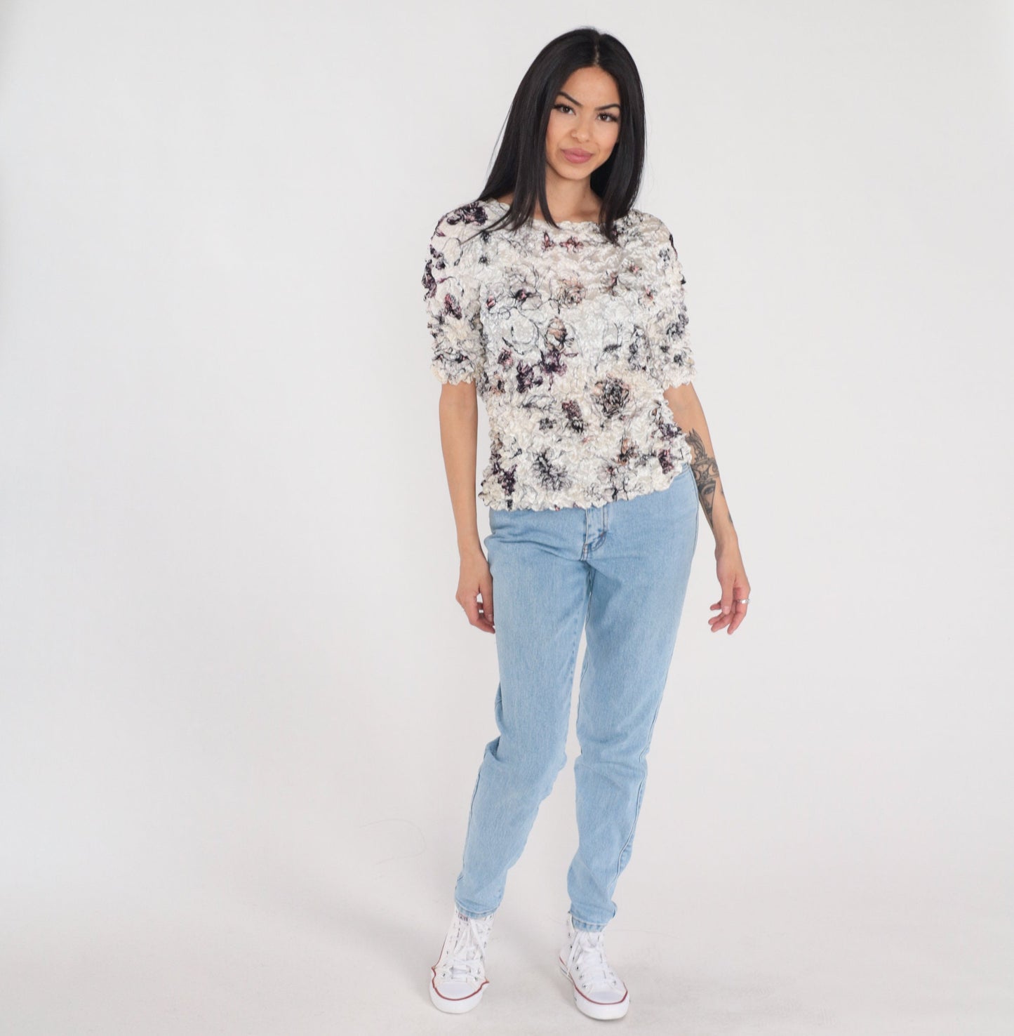 90s Floral Popcorn Texture Blouse Short Sleeve Stretchy Rose Print Small