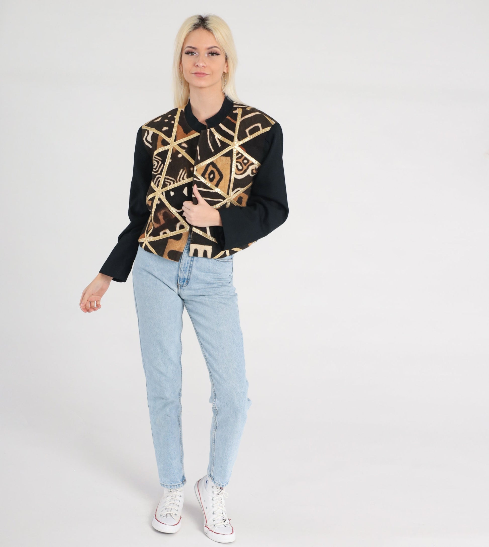 90s Cropped Safari Jacket Patchwork Geometric Black Brown Gold Trim Medium