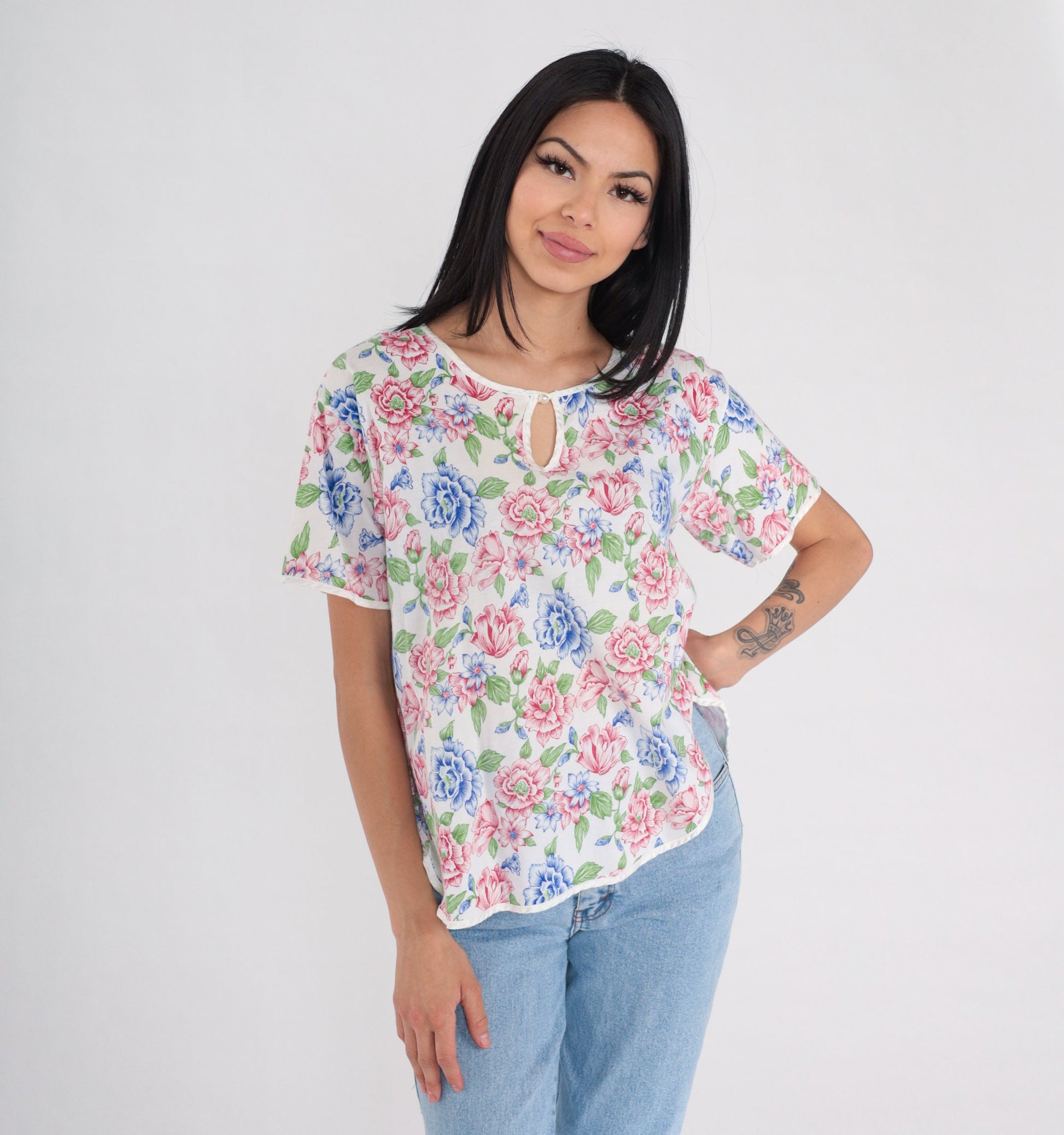 90s Floral Keyhole Blouse White Flower Print Cotton Short Sleeve Small