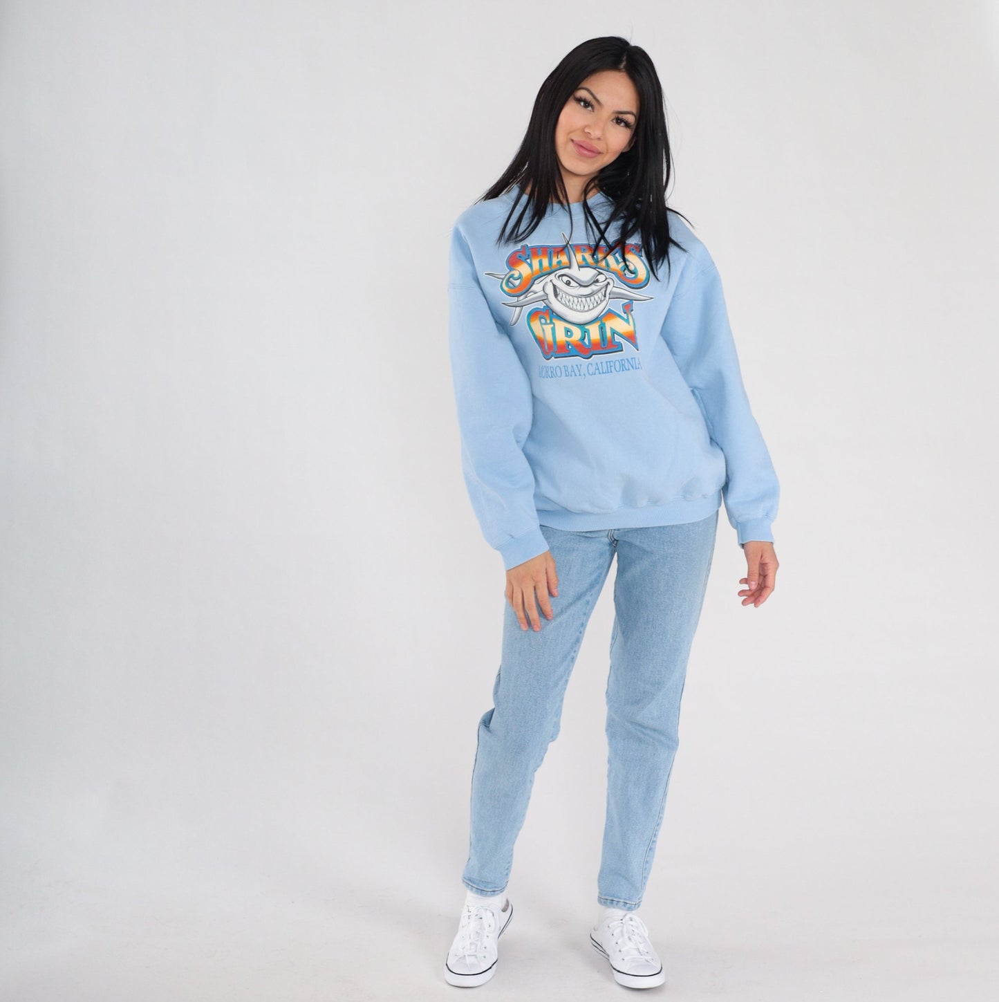 90s Shark's Grin Morro Bay California Sweatshirt Blue Graphic Pullover Large L