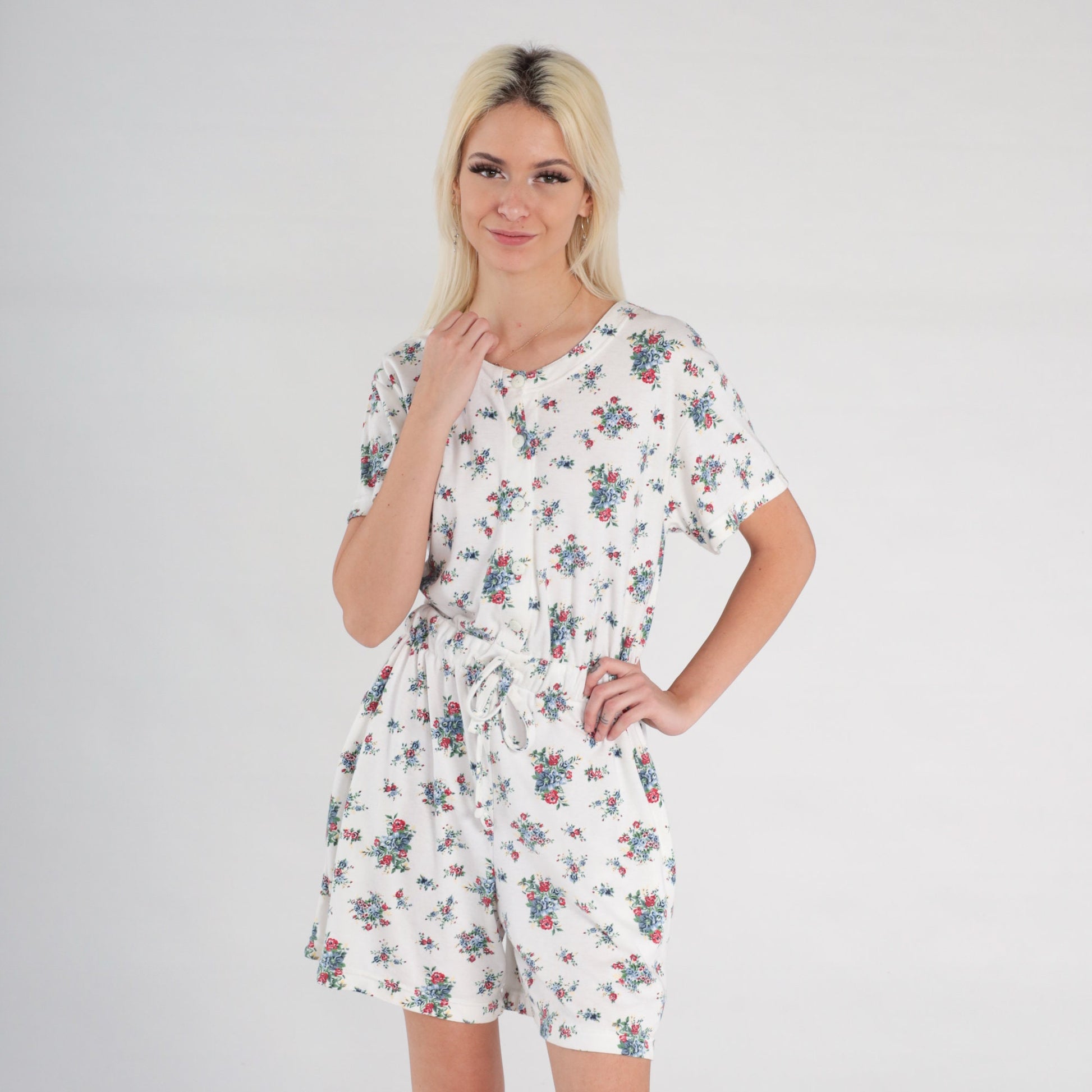 90s White Floral Romper Button-Up Short Sleeve Wide Leg Playsuit Small