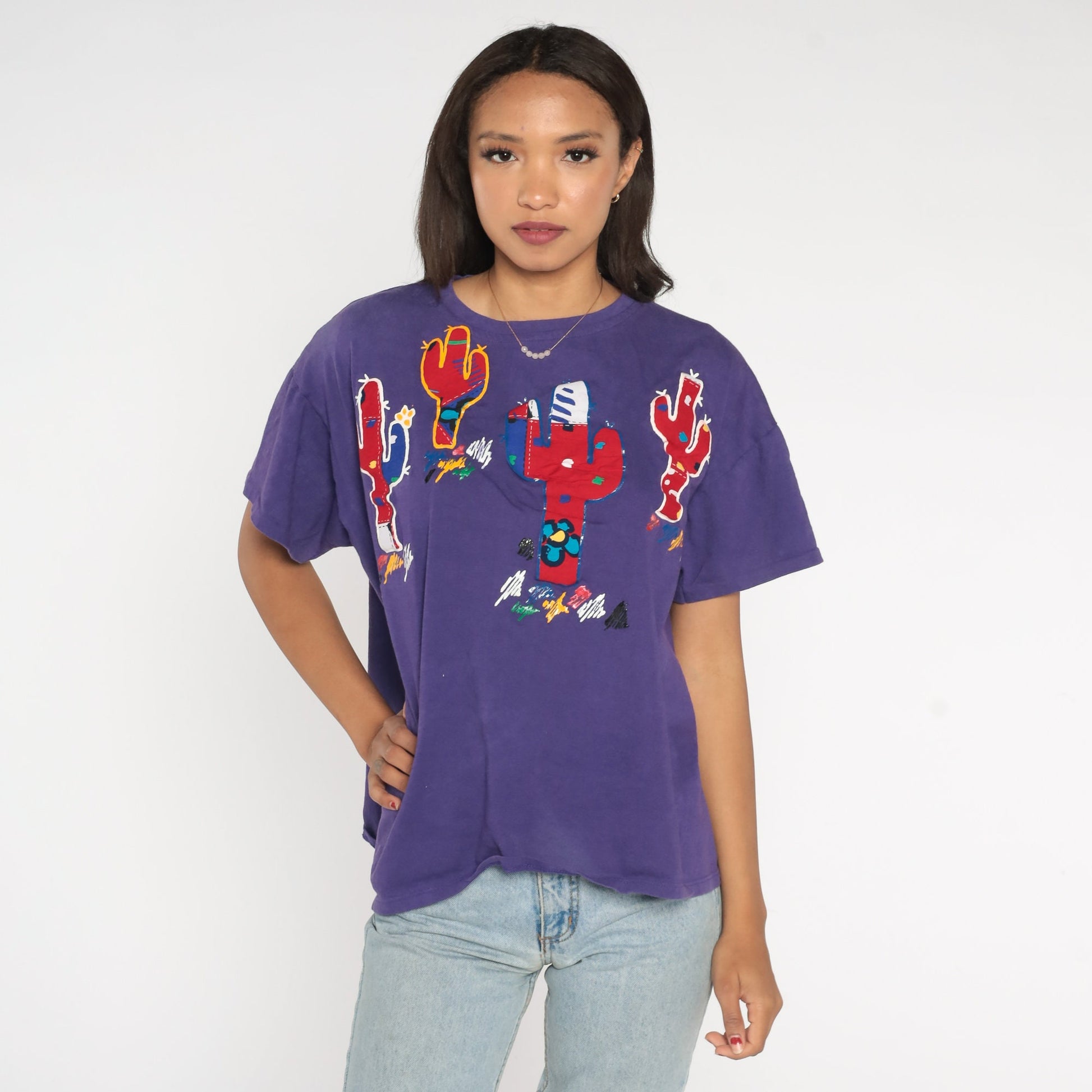 90s Cactus Saguaro Painted T-Shirt Purple Southwest Graphic Cotton Tee