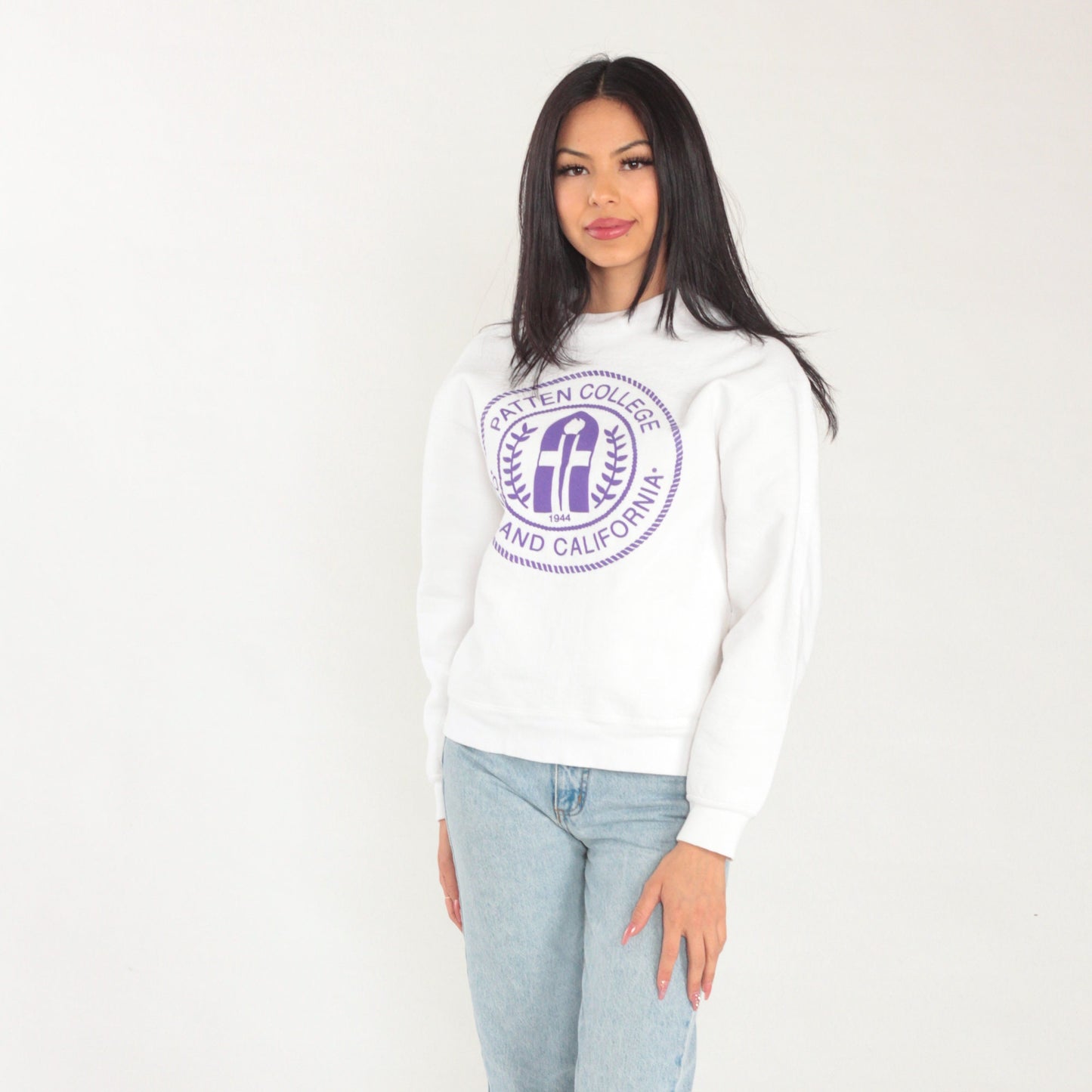 90s Patten College Oakland Sweatshirt White Purple Lions Graphic Small S