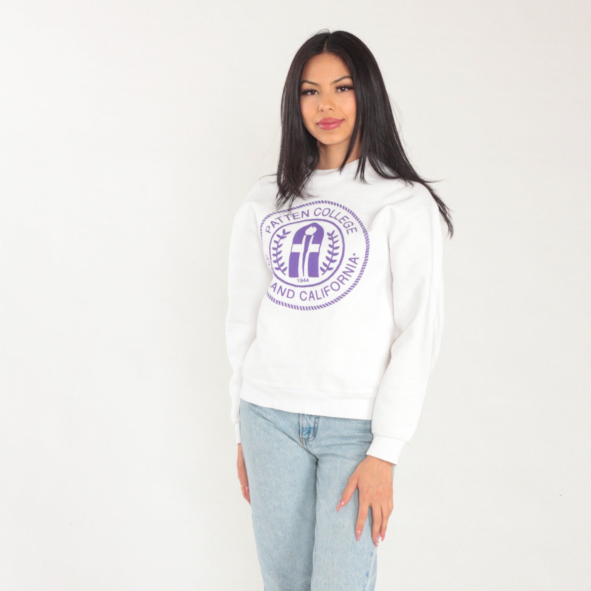 90s Patten College Oakland Sweatshirt White Purple Lions Graphic Small S