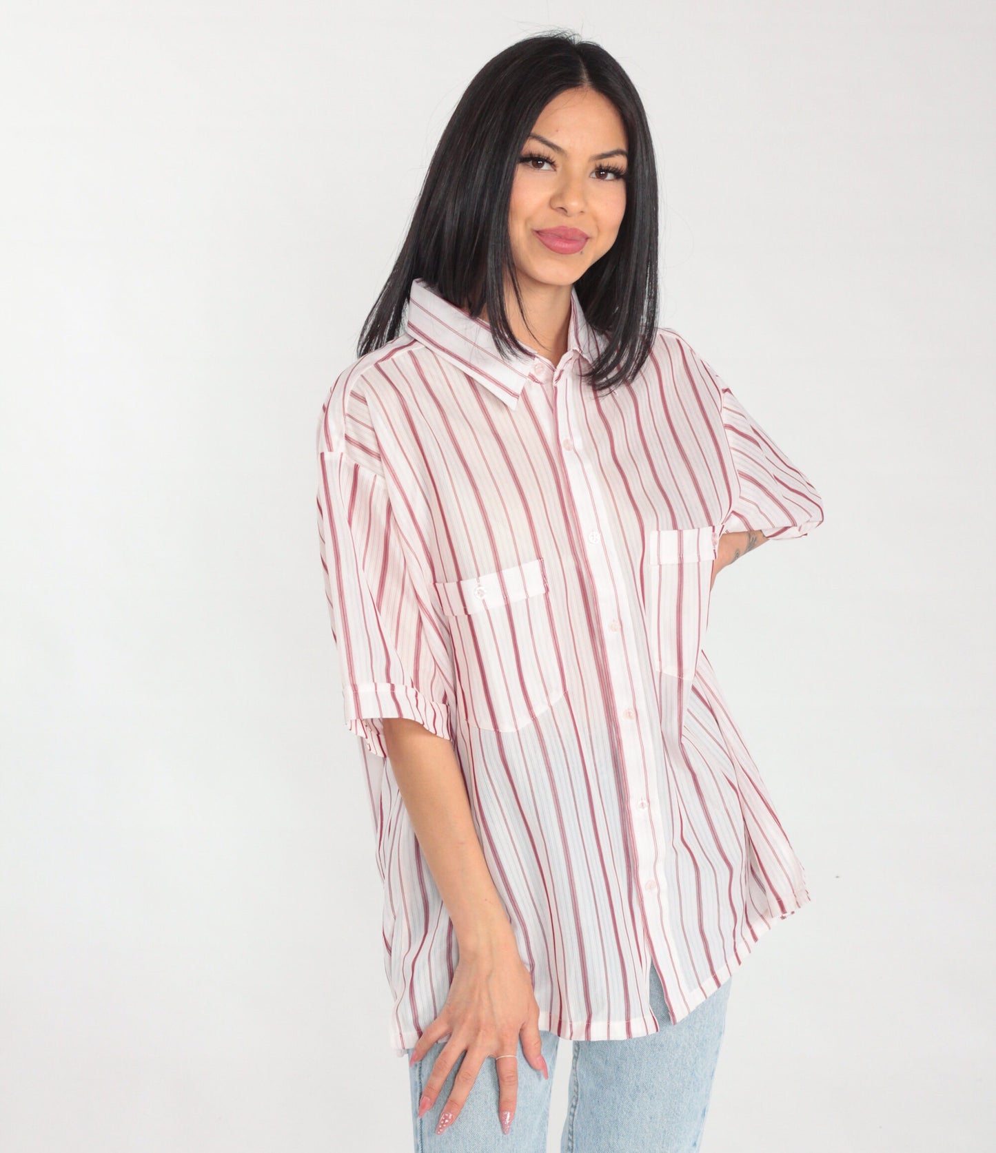 80s White Red Striped Button-Up Shirt Short Sleeve Collared Men's Extra Large