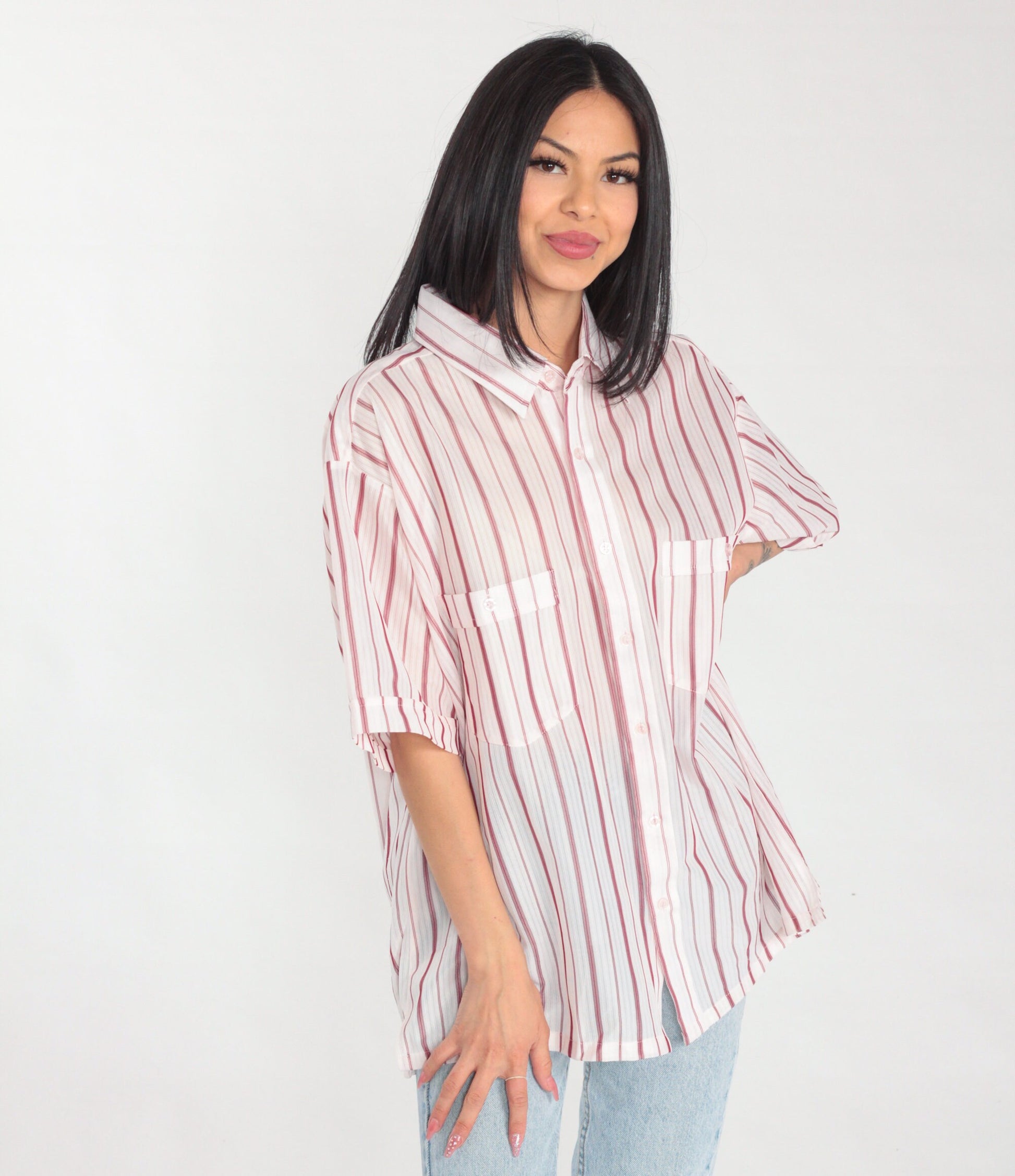 80s White Red Striped Button-Up Shirt Short Sleeve Collared Men's Extra Large