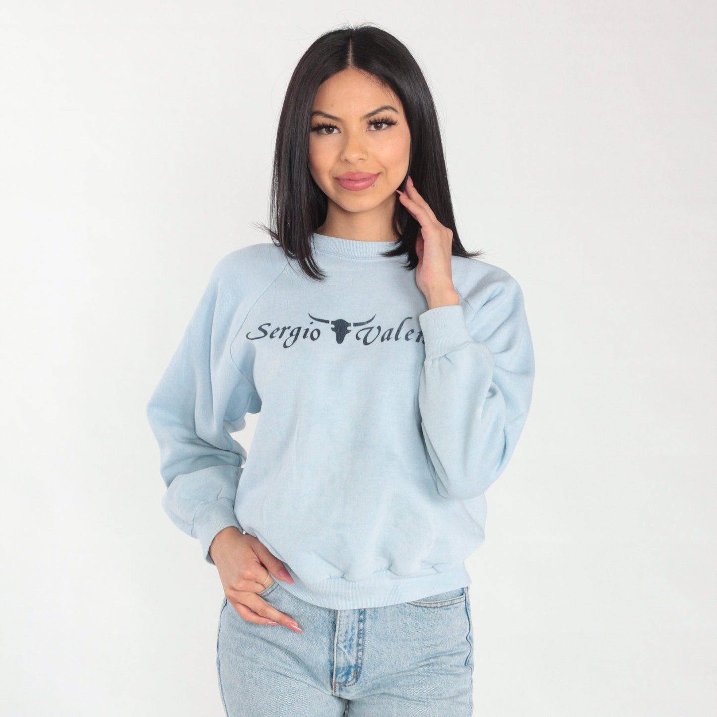 90s Sergio Valente Sweatshirt Light Blue Raglan Graphic Distressed Medium M