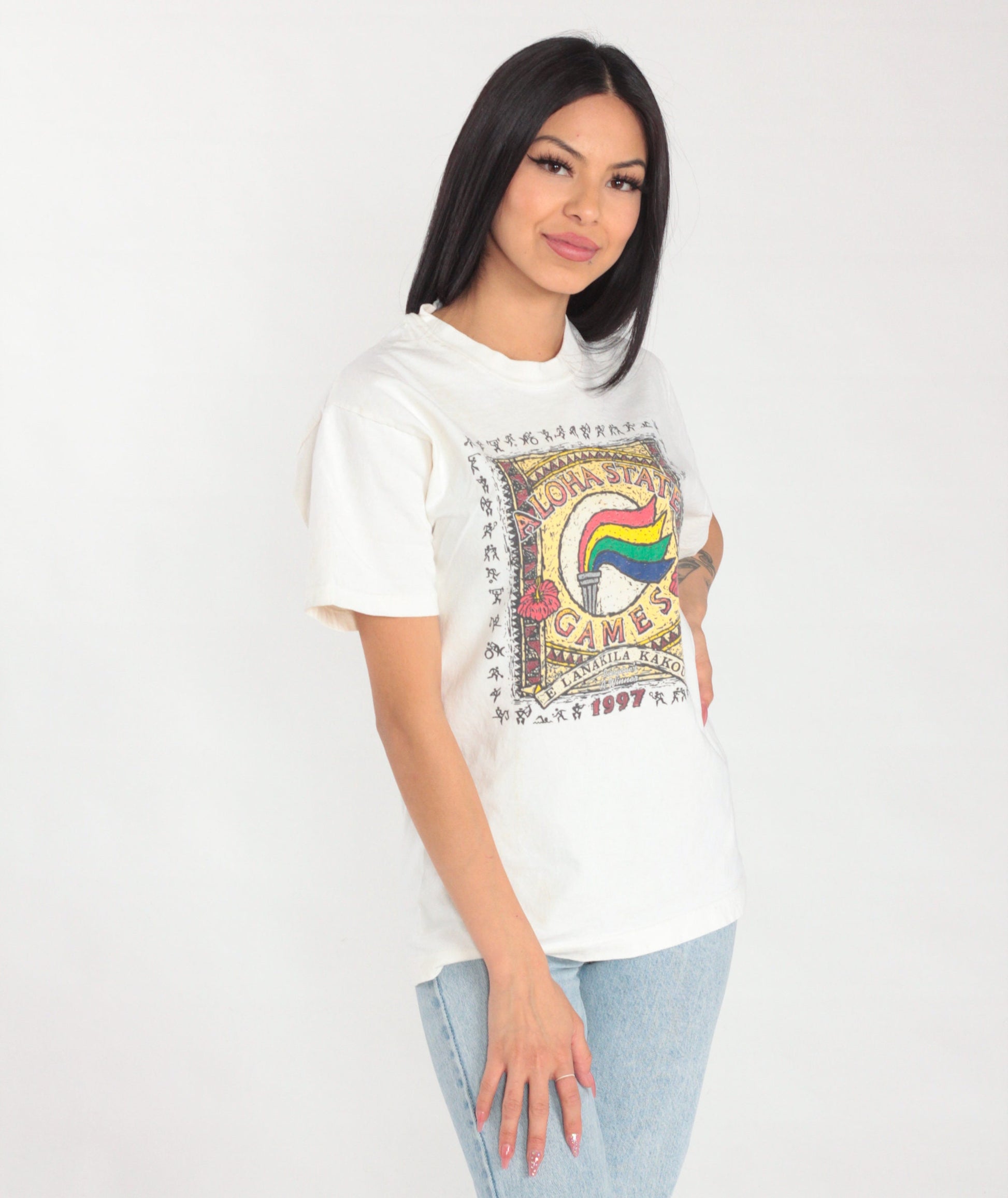 1997 Aloha State Games Hawaii Olympics Graphic T-Shirt White Cotton Medium