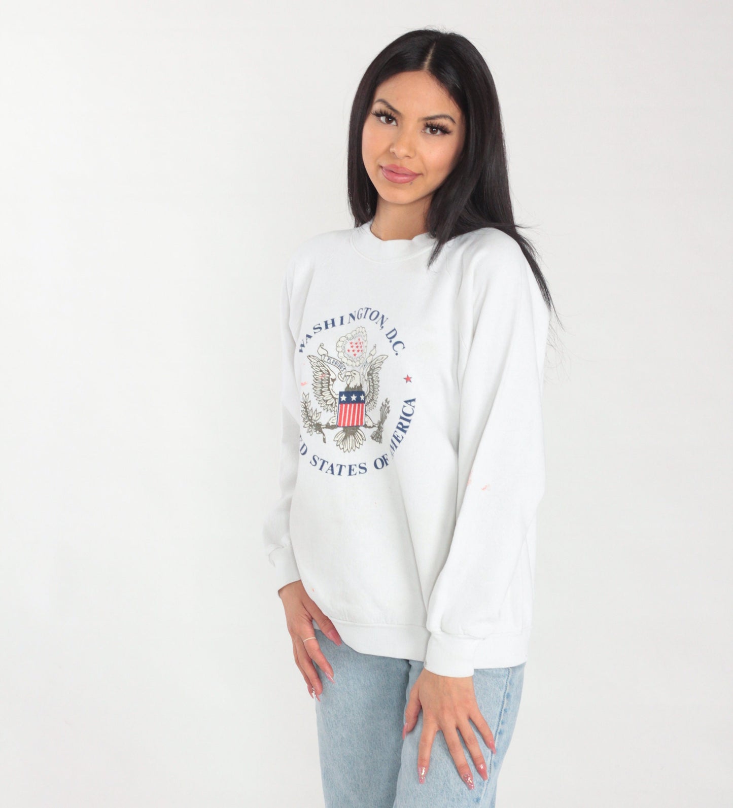 90s Washington DC Eagle Crest Raglan Sweatshirt White Graphic Medium