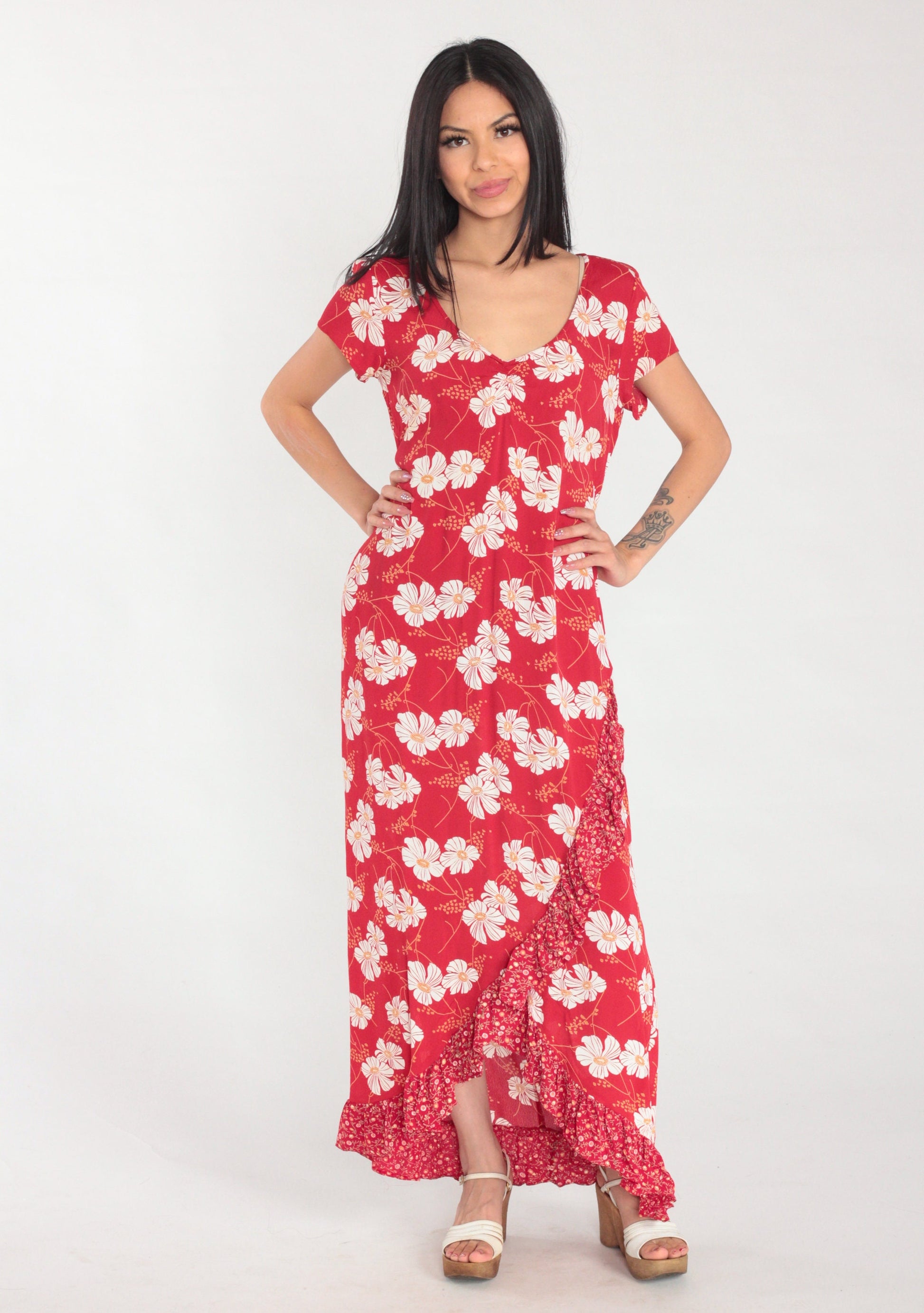 90s Red Floral Maxi Dress White Poppy Print Ruffled V-Neck Short Sleeve Small