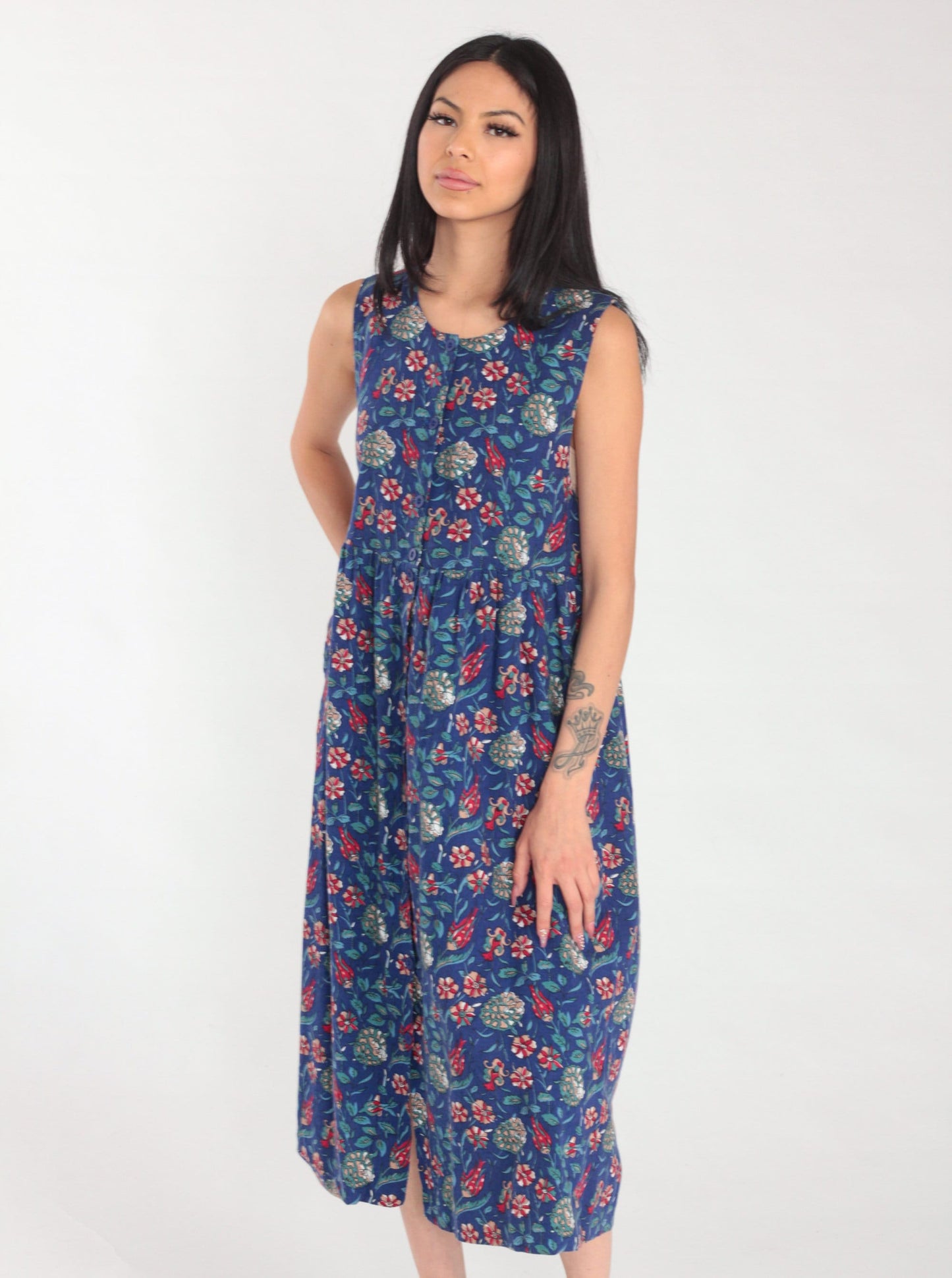 90s Laura Ashley Blue Floral Midi Dress Cotton Wool Blend Sleeveless Small S