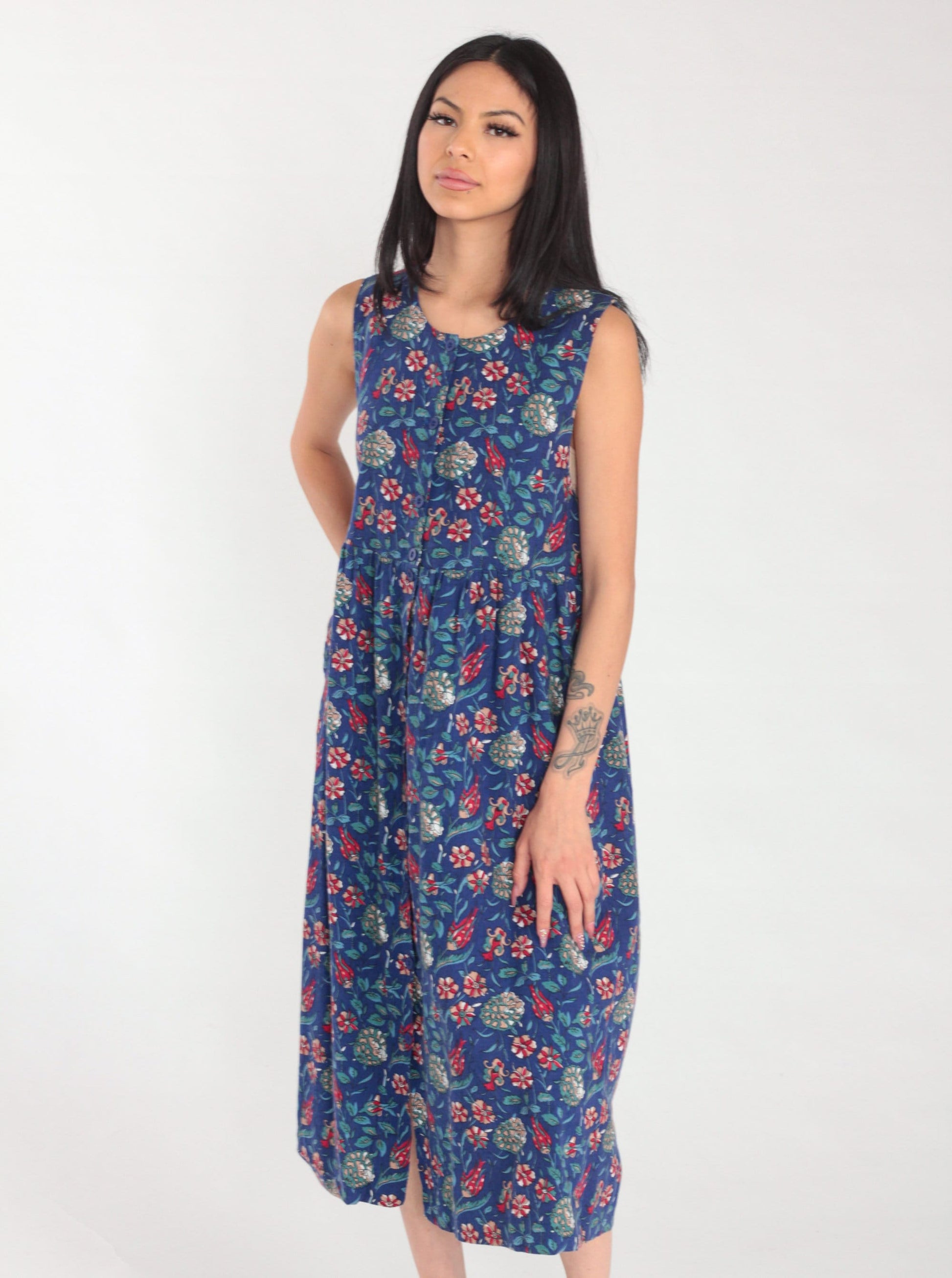 90s Laura Ashley Blue Floral Midi Dress Cotton Wool Blend Sleeveless Small S