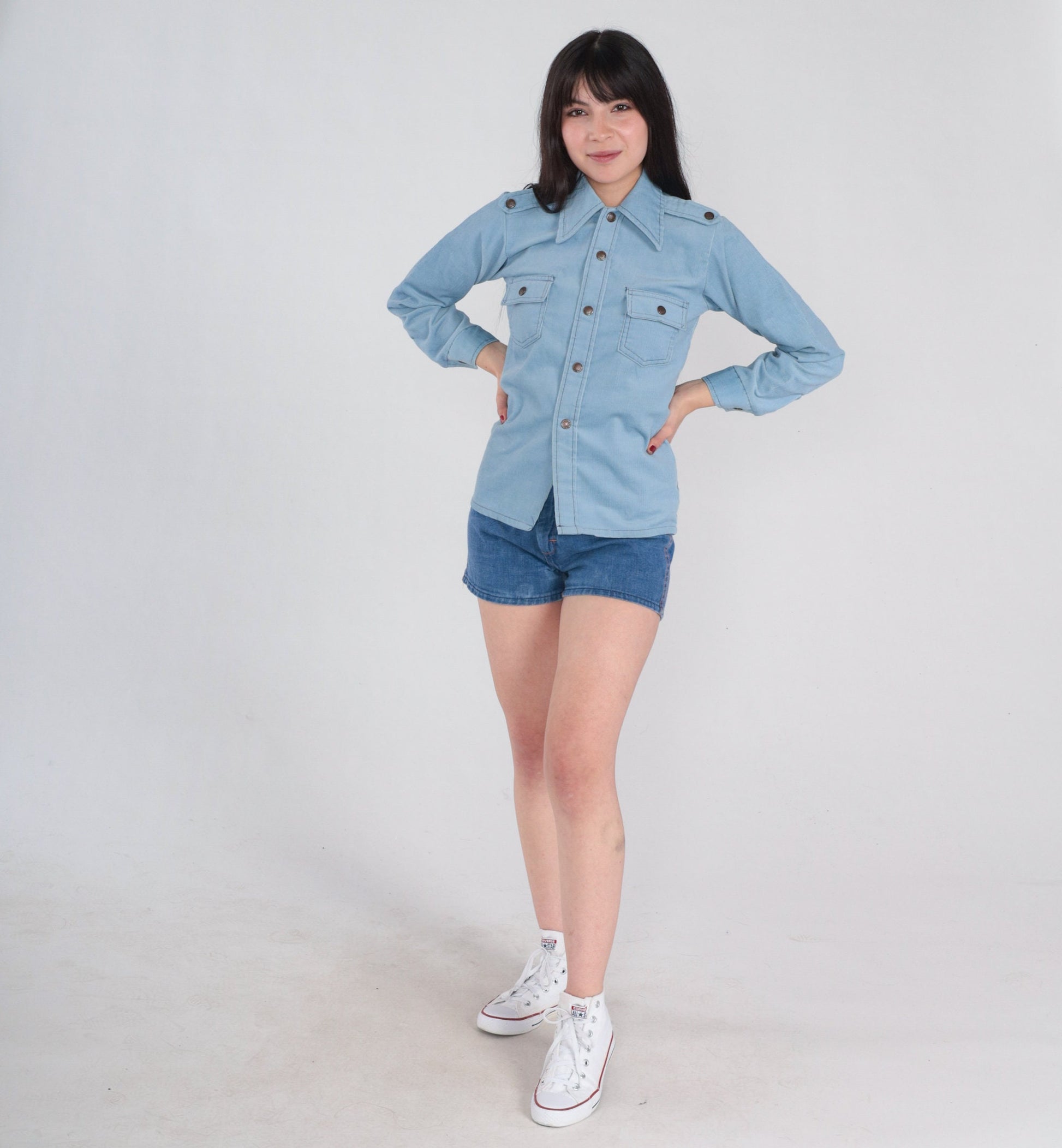 70s Baby Blue Corduroy Snap Button Shirt Epaulette Collar Long Sleeve XS