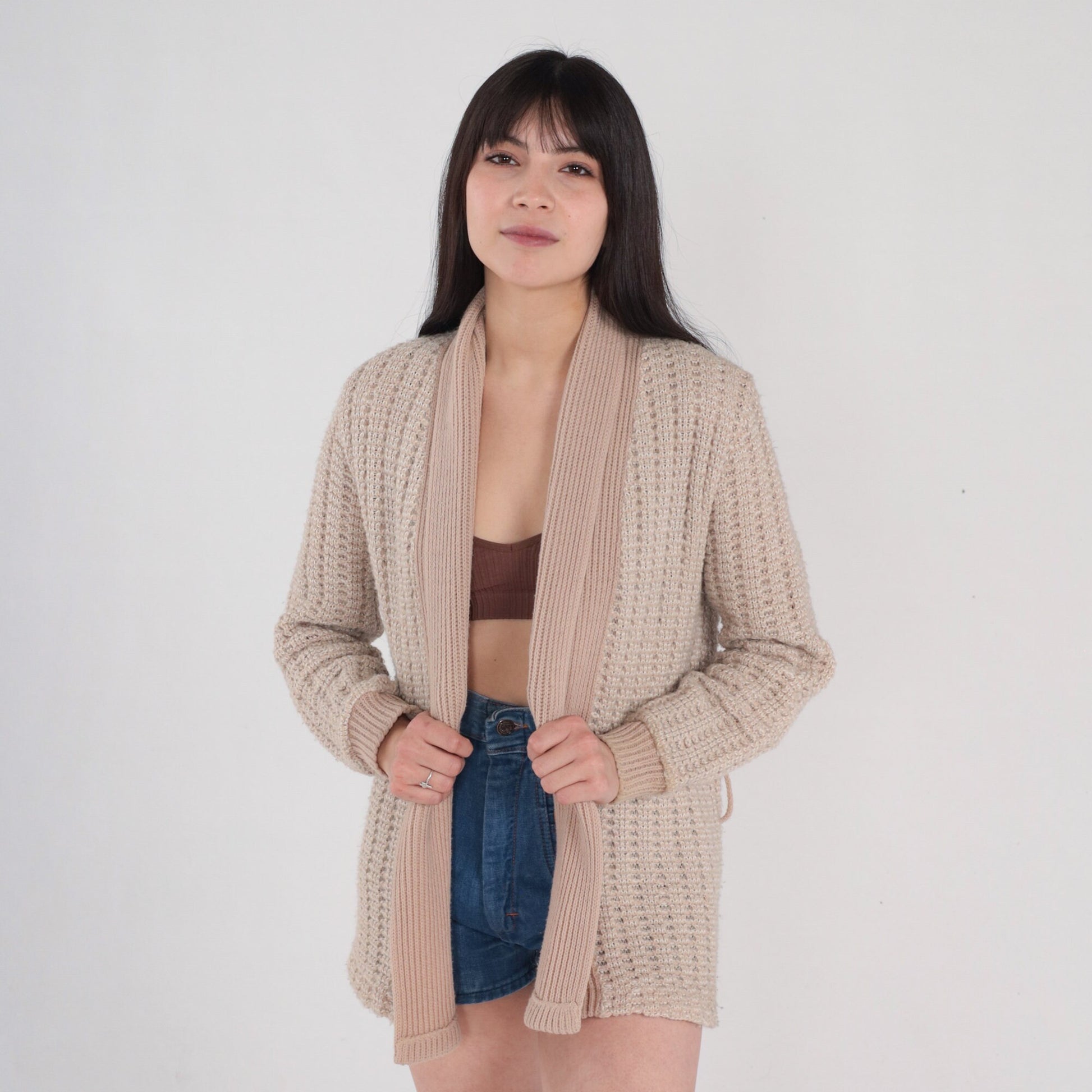 70s Light Brown Knit Cardigan Open Front Sweater Small S