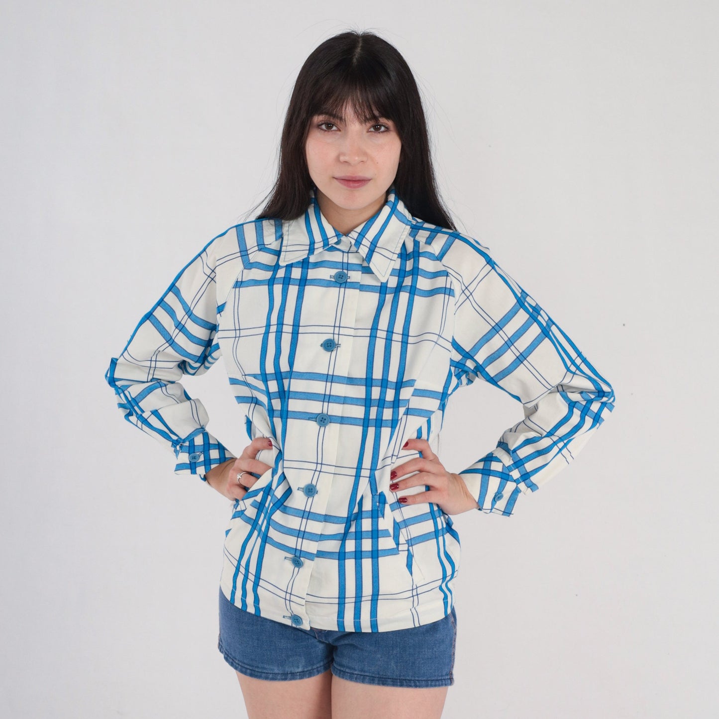 60s Plaid Button-Up Jacket White Blue Checkered Cotton Raglan Medium