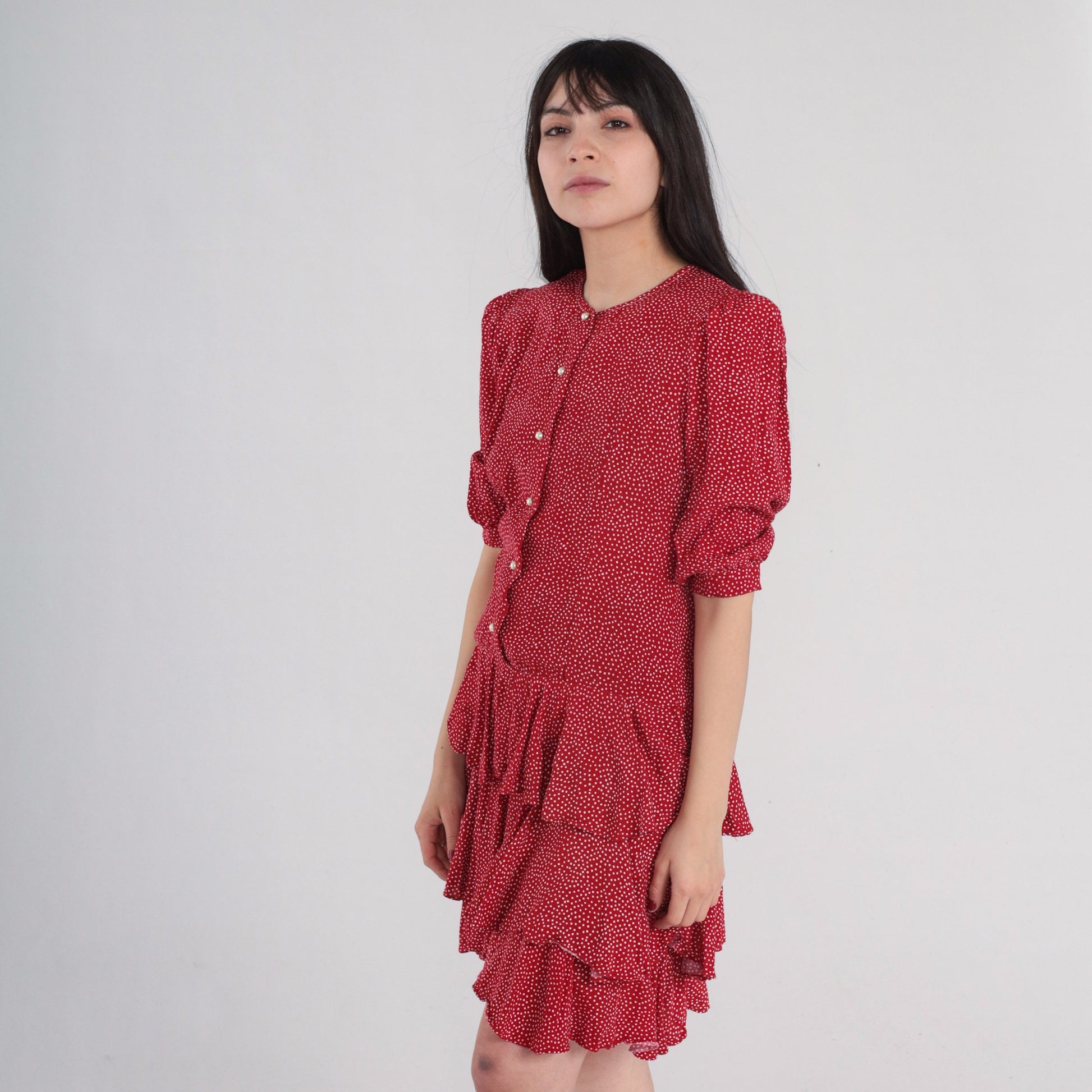 90s Red Polka Dot Mini Dress Puff Sleeve Pearl Button Drop Waist Small S