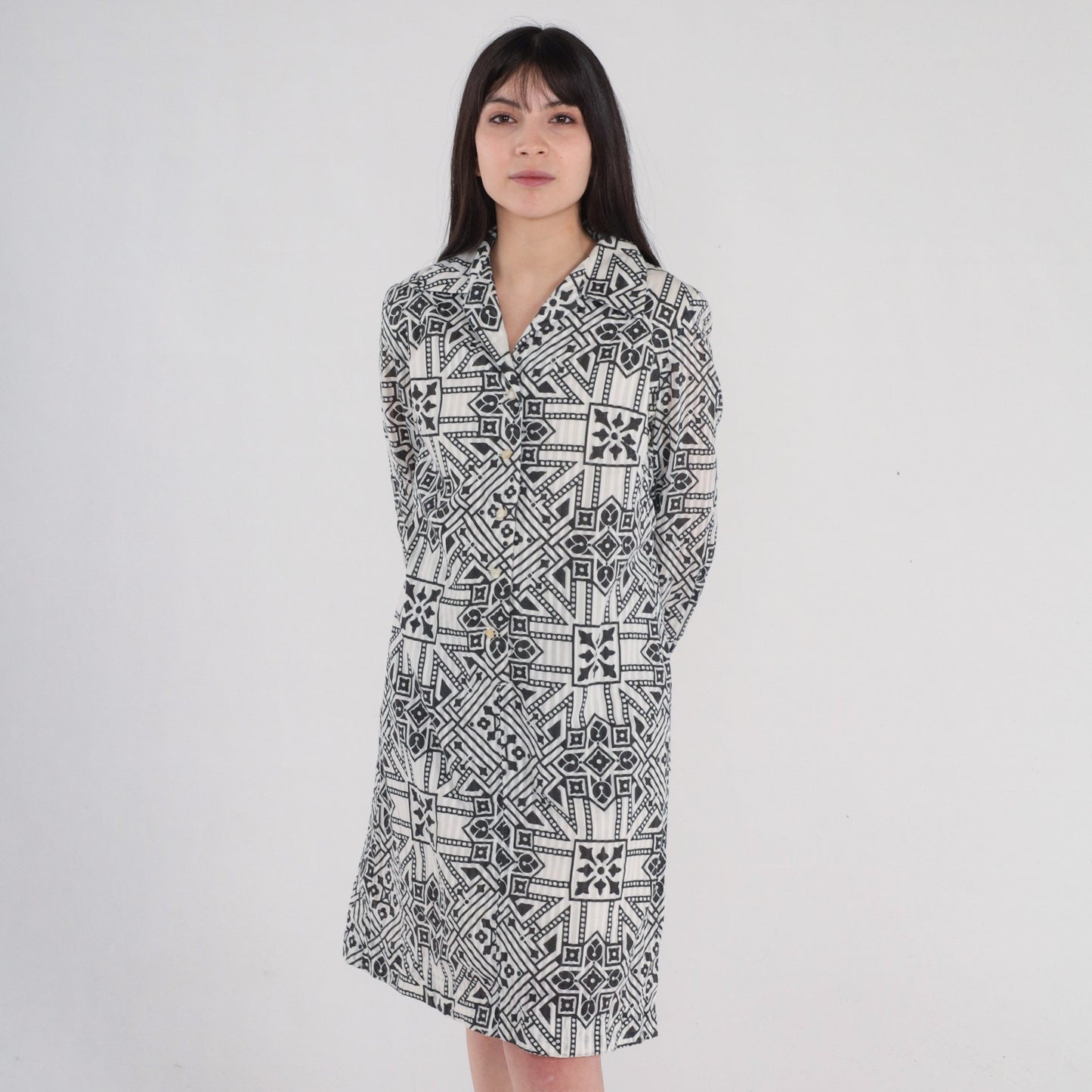 60s Byer Shift Dress Black White Geometric Mini Long Sleeve Medium
