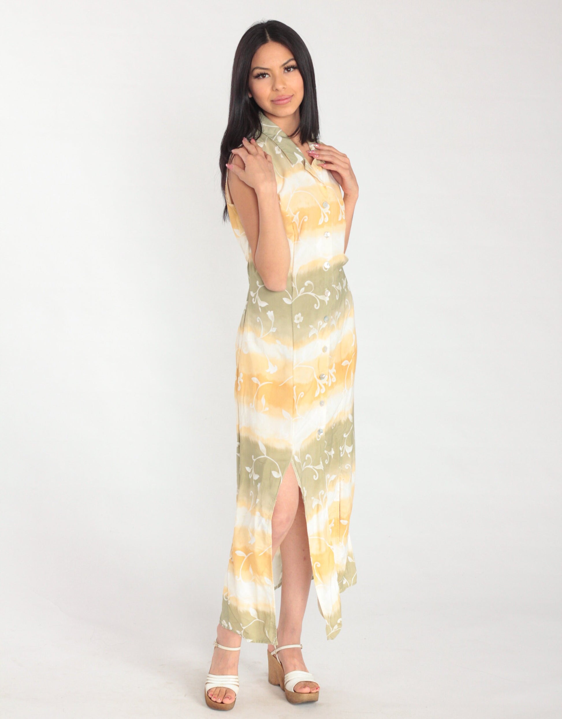 Y2K Tie-Dye Floral Maxi Shirtdress Sleeveless Button-Up Front Slit White Orange Green Medium