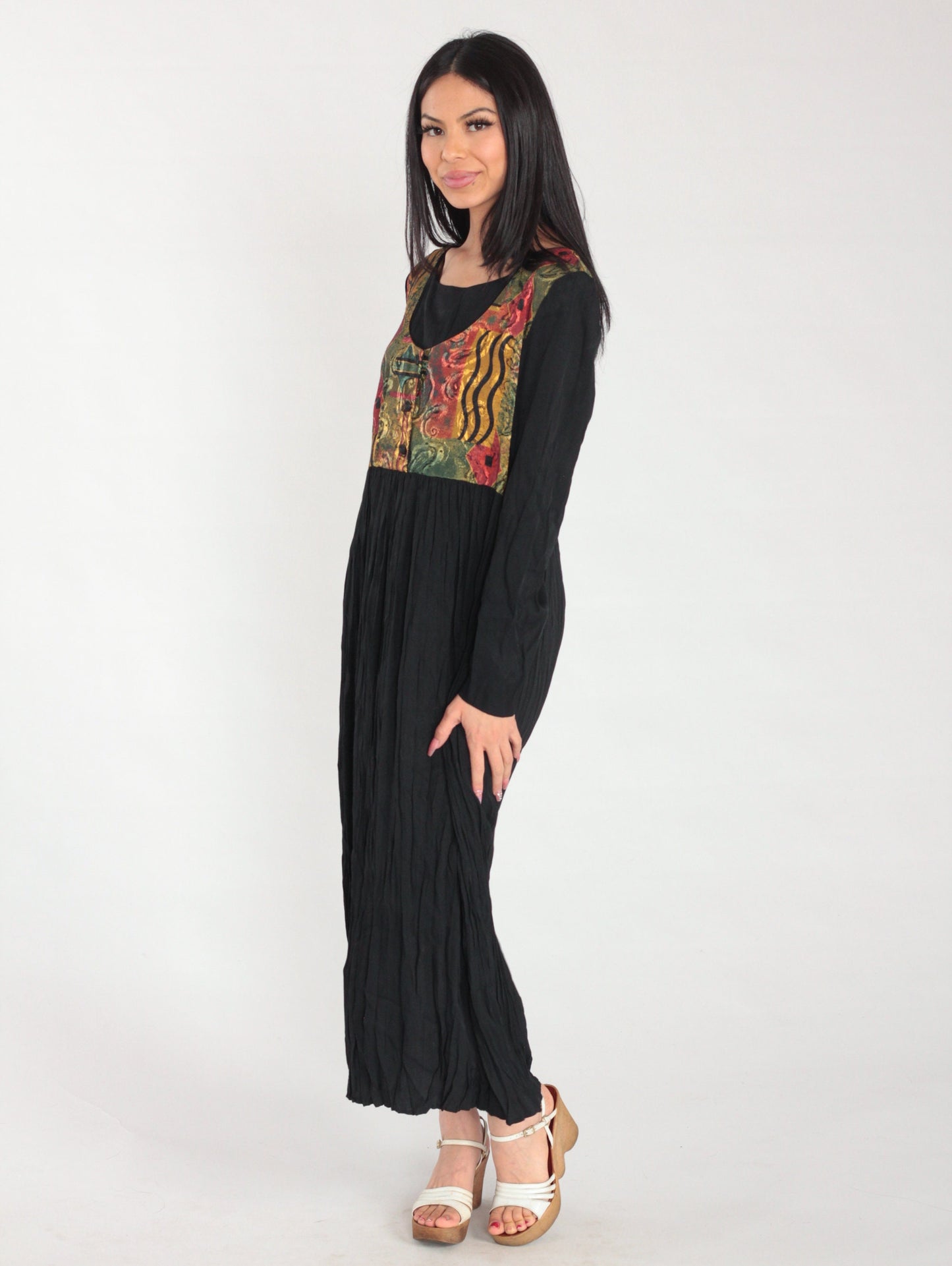 90s Black Maxi Dress with Abstract Print Attached Vest Long Sleeve Large
