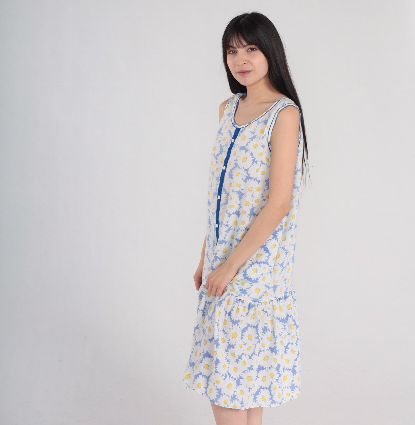 80s Floral Daisy Print Midi Dress Drop Waist Sleeveless Blue White Medium M