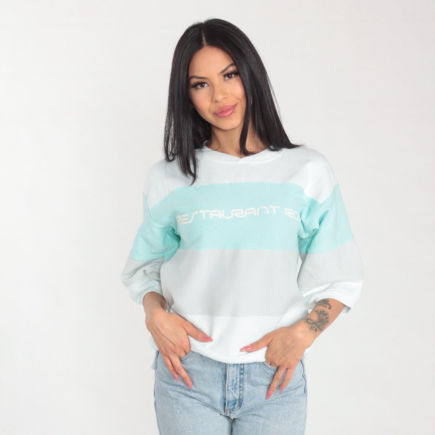 80s Restaurant Row Striped Sweatshirt White Mint Grey Graphic Tee Small