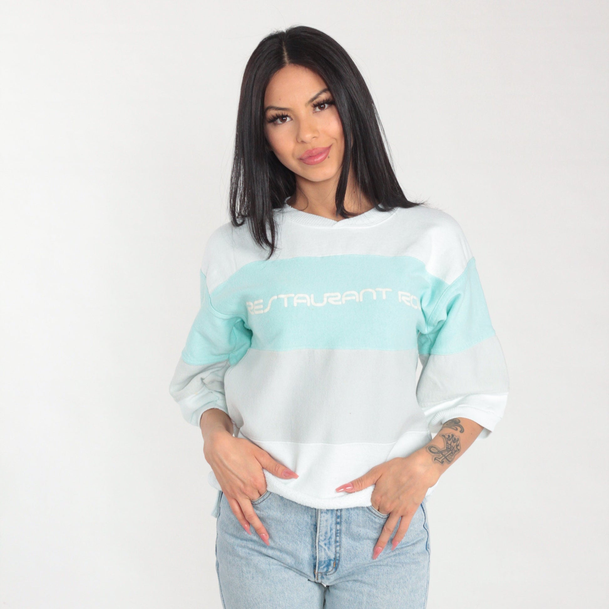 80s Restaurant Row Striped Sweatshirt White Mint Grey Graphic Tee Small