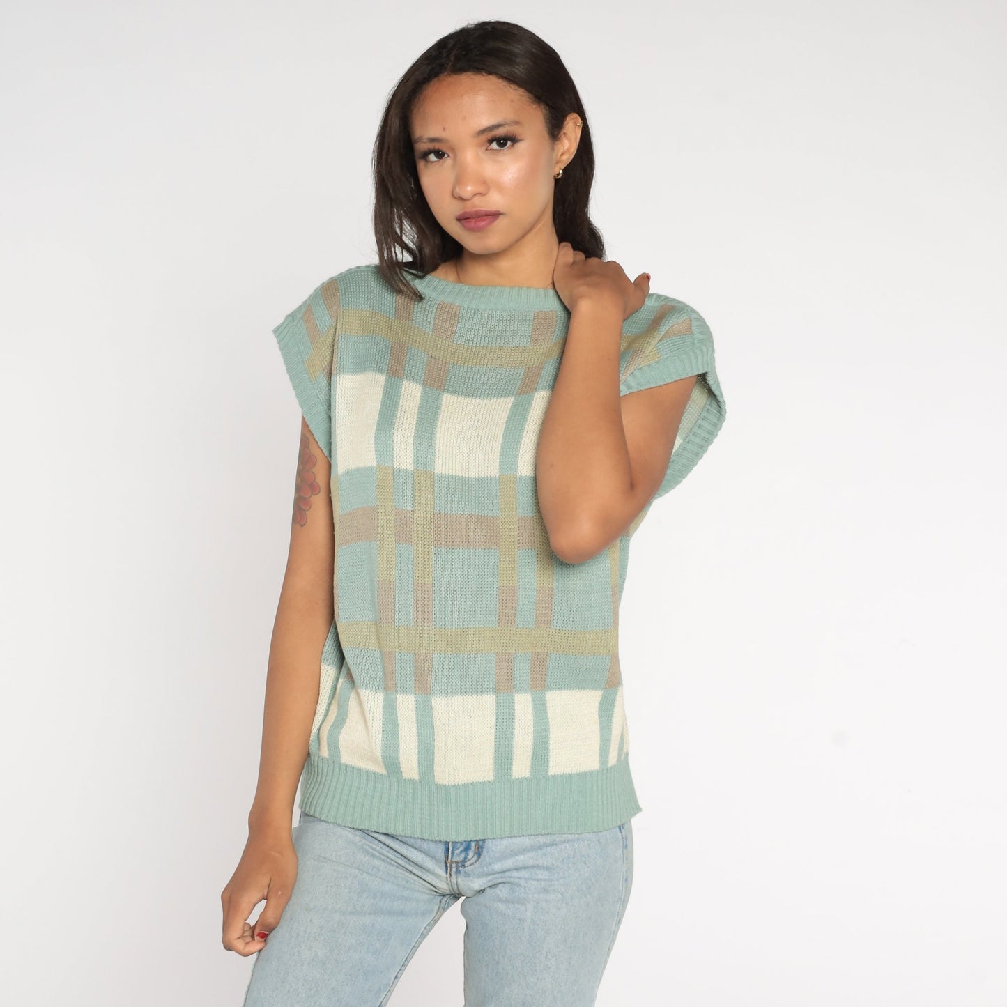 80s Bay Club Seafoam Checkered Knit Boatneck Cap Sleeve Top Medium Large