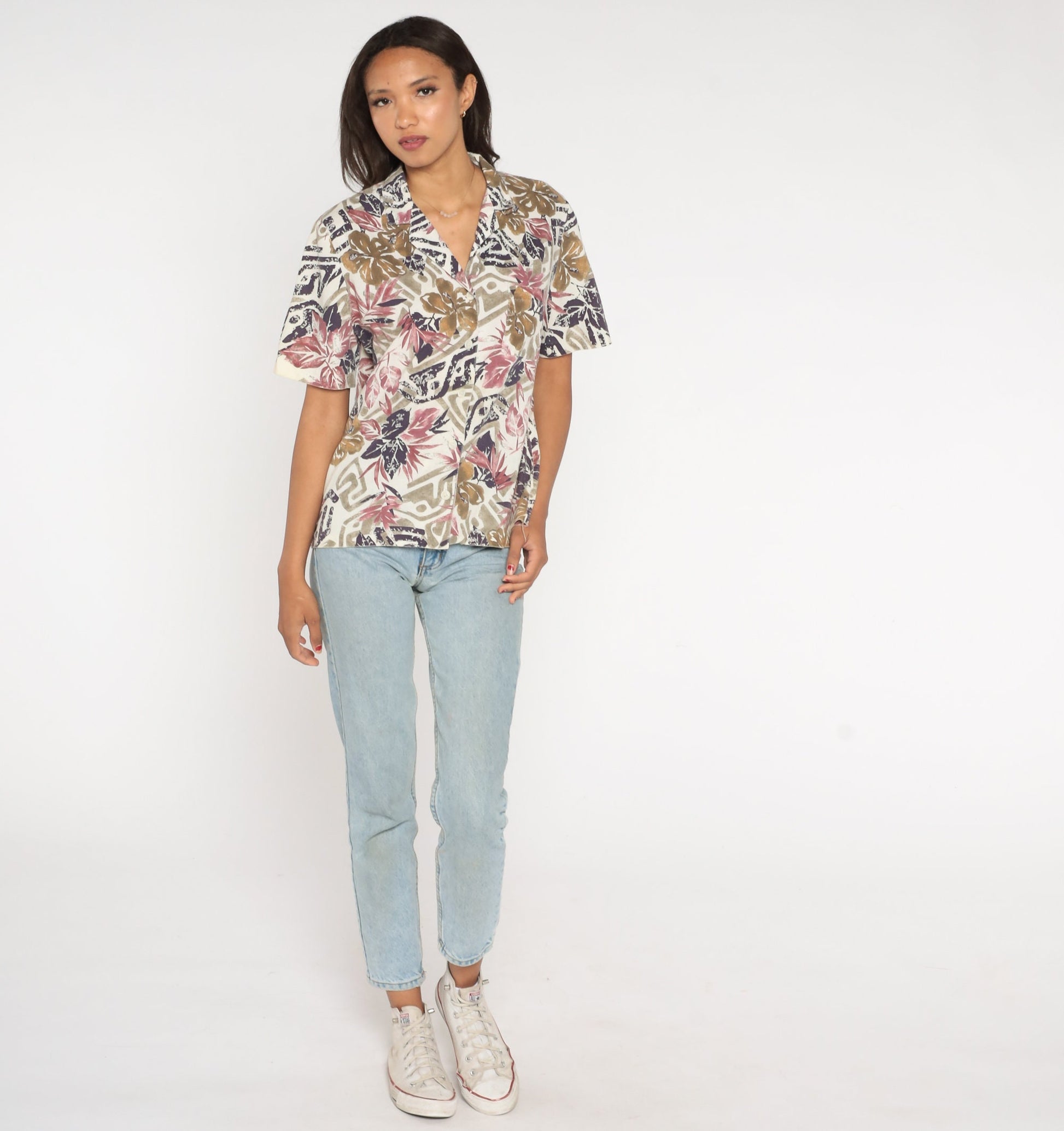 80s Tropical Floral Button-Up Blouse Off-White Purple Short Sleeve Cotton Large