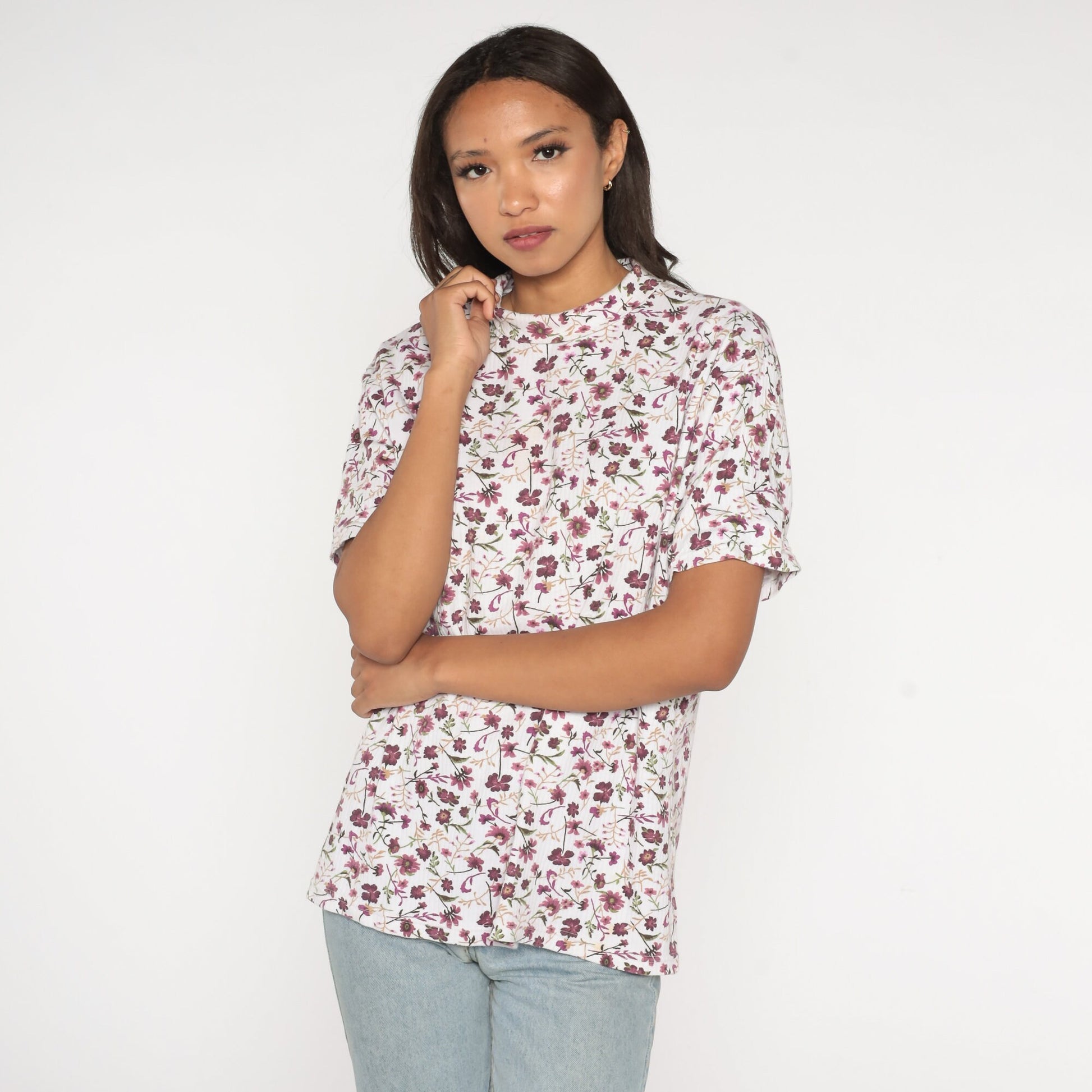 90s Floral T-Shirt White Purple Graphic Ribbed Fold-Over Collar Extra Large XXL