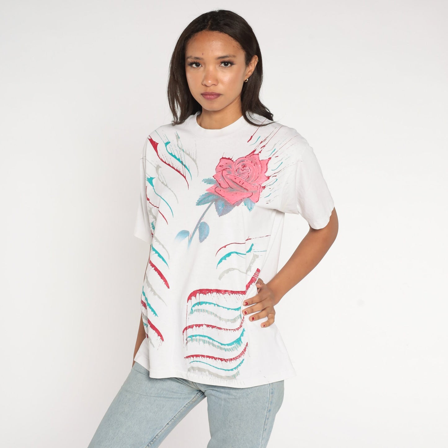 90s Painted Rose Graphic T-Shirt Floral Print White Cotton Medium Large