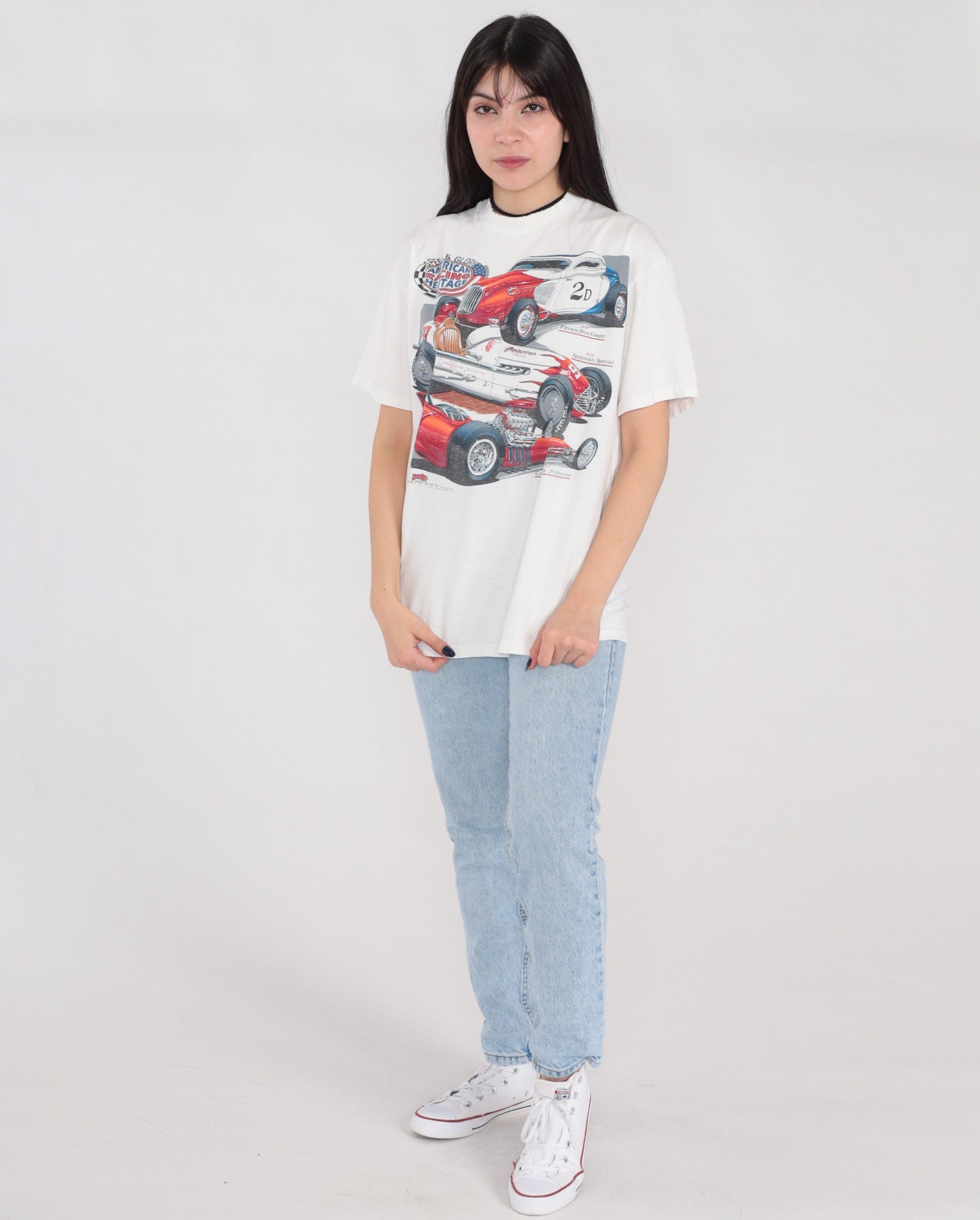 80s American Racing Racecar Graphic T-Shirt White Cotton Tee Medium