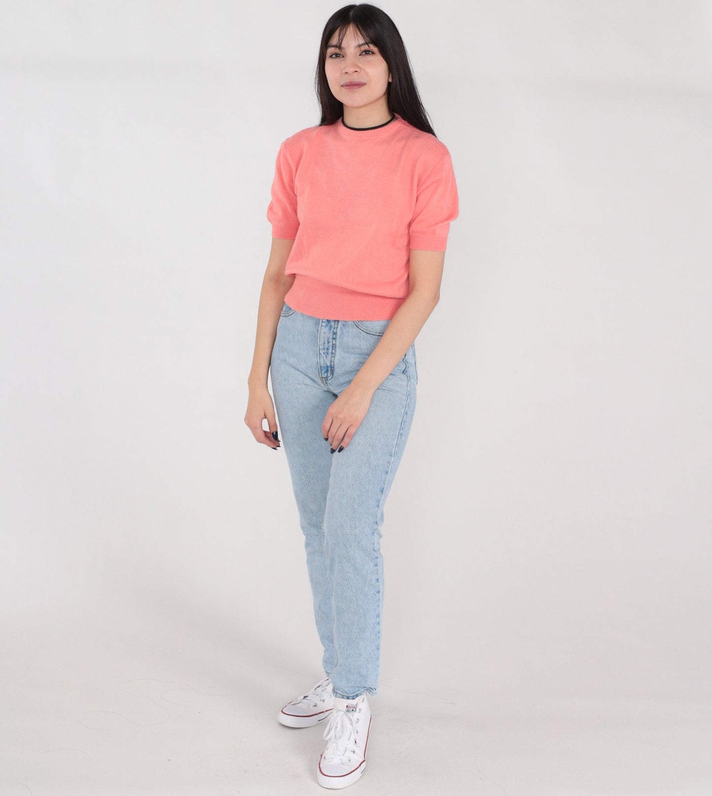 60s Pink Nylon Knit Crop Top Short Sleeve Banded Hem Small